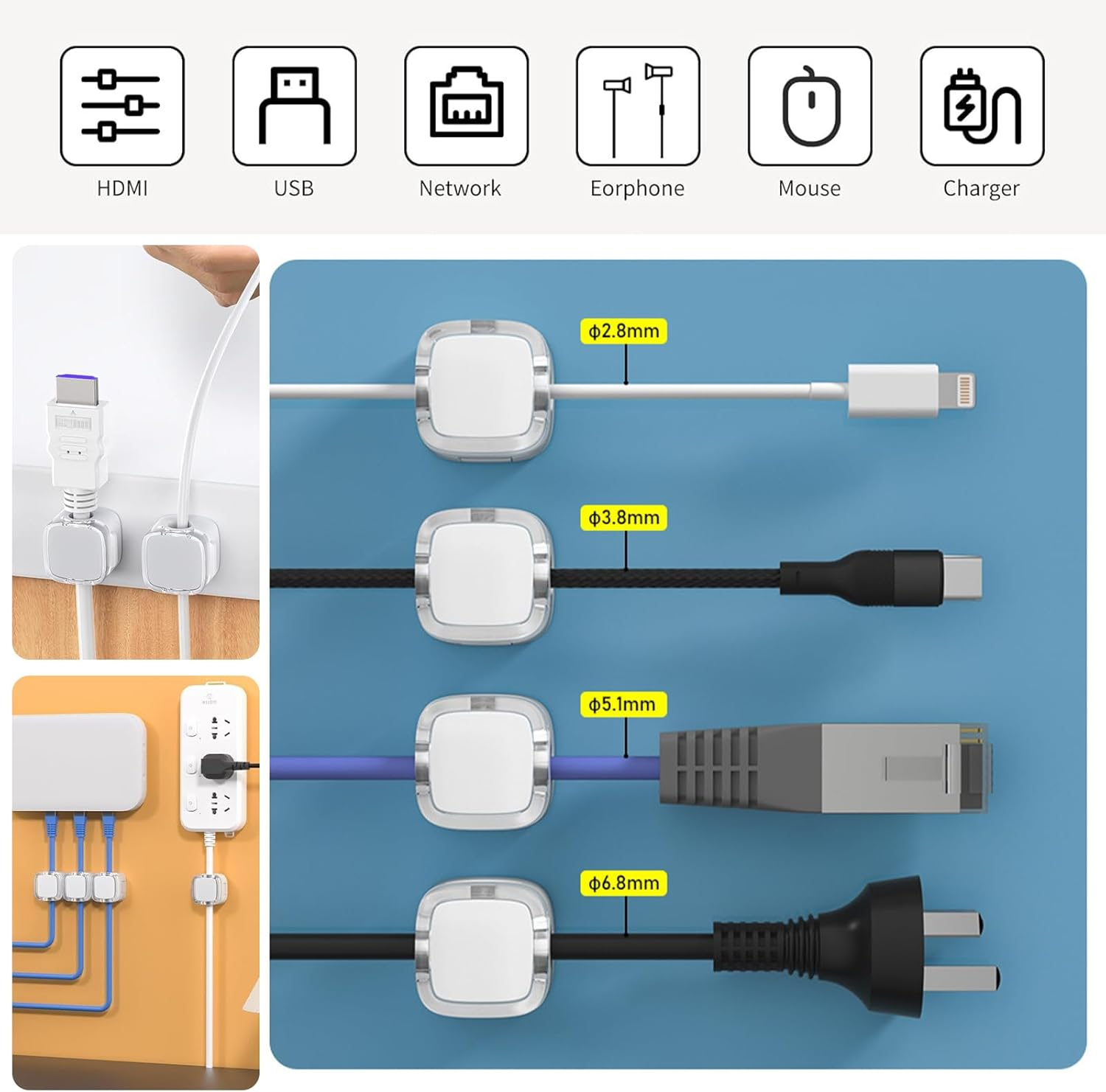 6 Pack Magnetic Cable Clips, Adhesive Cable Organize, Cord Management Holder, under Desk Cord Tidy Clips, Phone Wire Keeper, USB Charger Cable Holder for Nightstand Kitchen Appliances Car Office (WH) image number 5