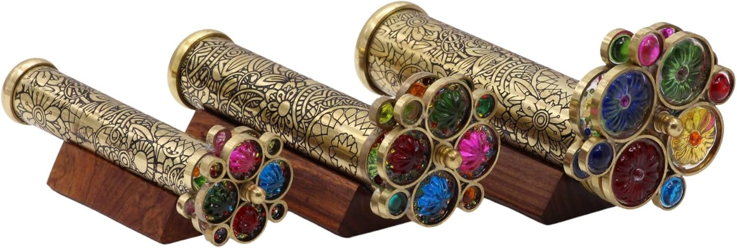 ROORKEE INSTRUMENTS (INDIA) a NAUTICAL REPRODUCTION HOUSE Handcrafted Etched Floral Pattern Lacquered Brass Kaleidoscope Includes Two Separate Turning Wheels, Hardwood Base - 7&rdquo;X1.25&rdquo; - All Ages