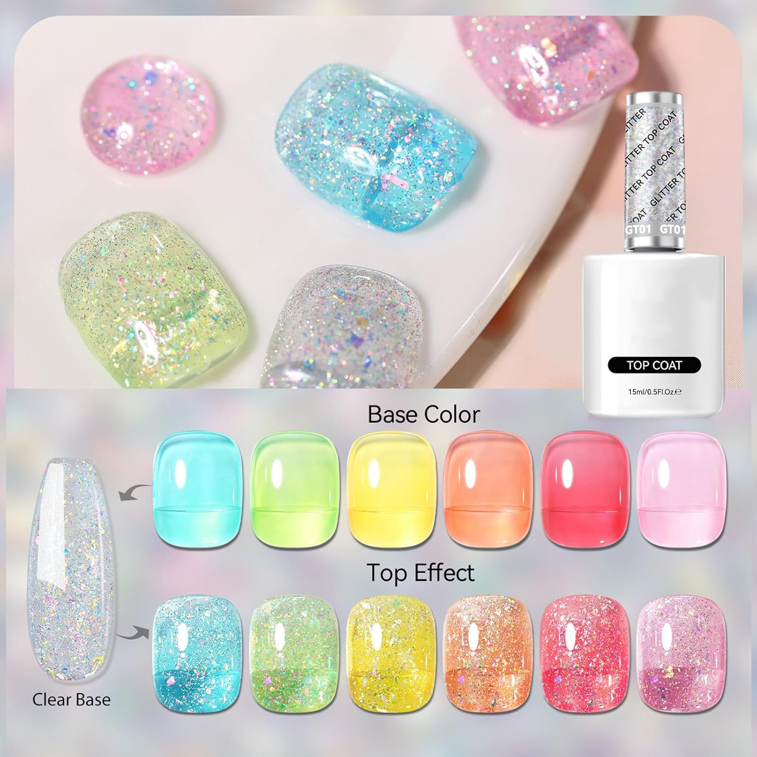 Gel Nail Polish - Glitter Top Coat | Base Coat |15Ml Soak off Gel with Glitter Shine for Long Lasting Salon Results at Home Travel Parties Compact Nail Varnish Bottle image number 5