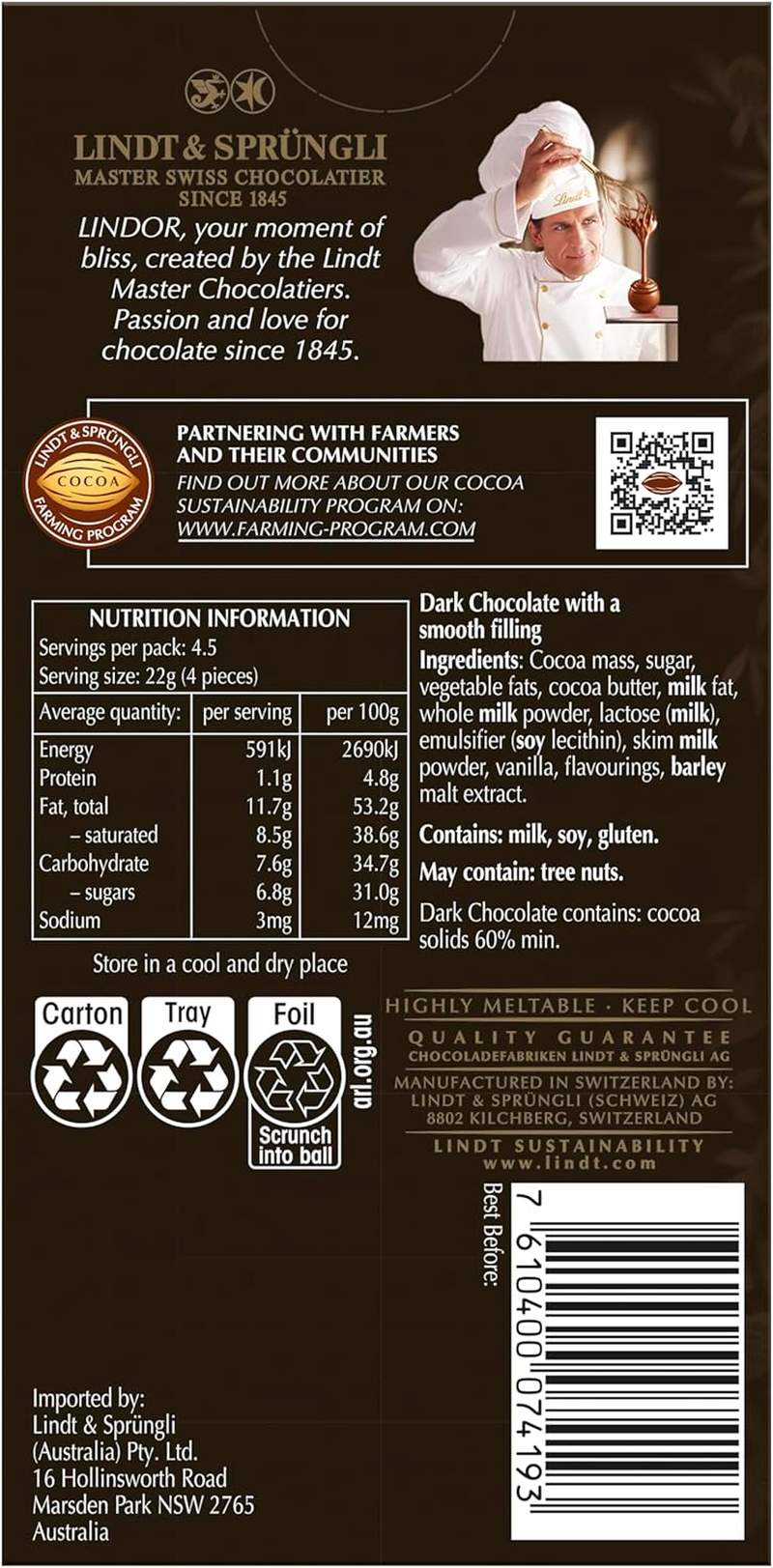 Lindt Lindor Singles 60% Cocoa Dark Chocolate Block 100G image number 2