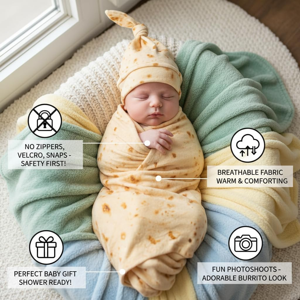 Flannel Burrito Blanket Set for Newborn Baby &ndash; Soft Breathable 86 Cm Lightweight Baby Swaddle Blanket with Realistic Tortilla Print image number 3