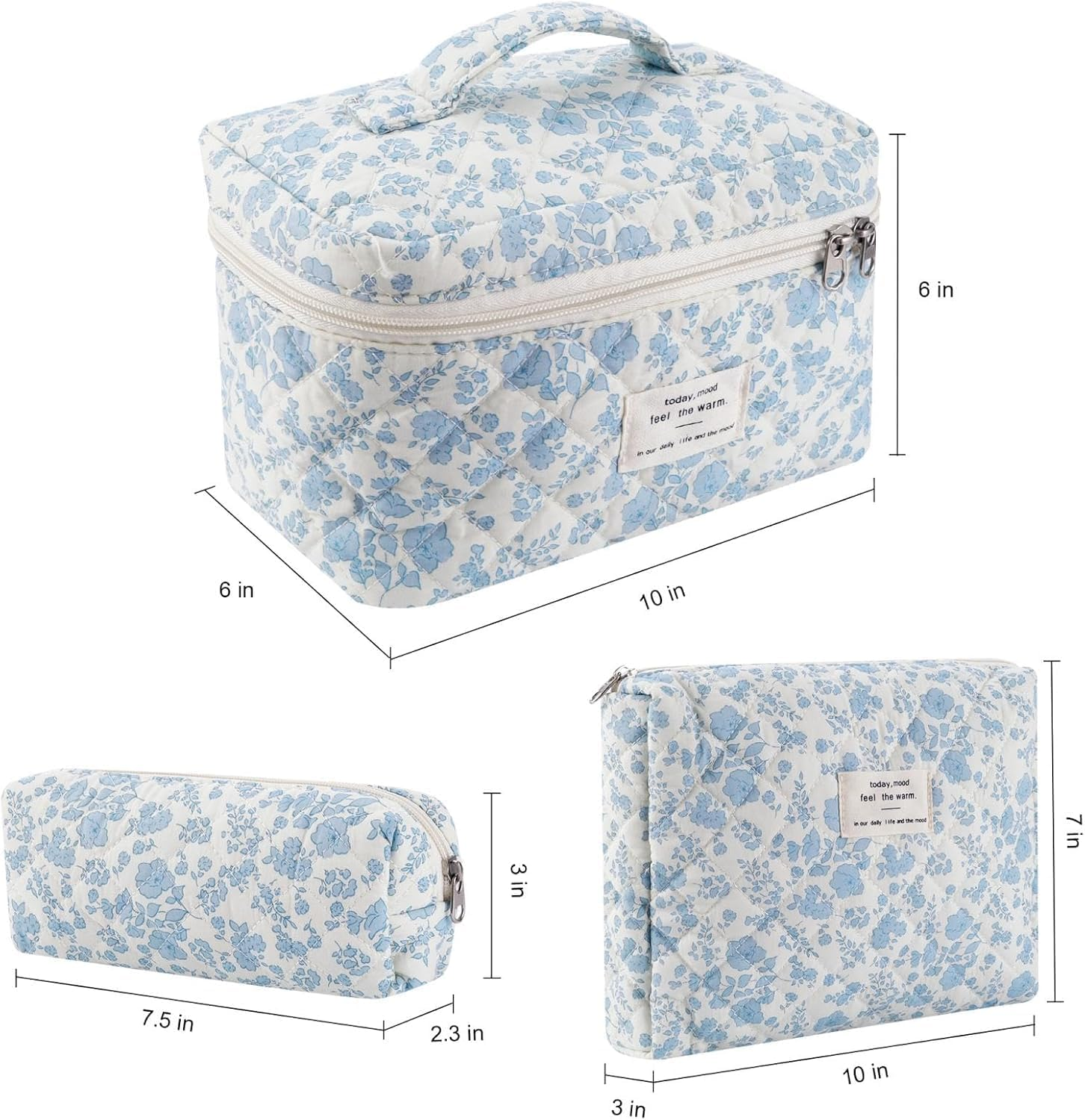 3 Pcs Cotton Quilted Makeup Bag Set,Floral Makeup Bag,Cute Makeup Bag,Travel Makeup Bag,Large Toiletry Cosmetic Bag Makeup Bag Organizer for Women Girls image number 2