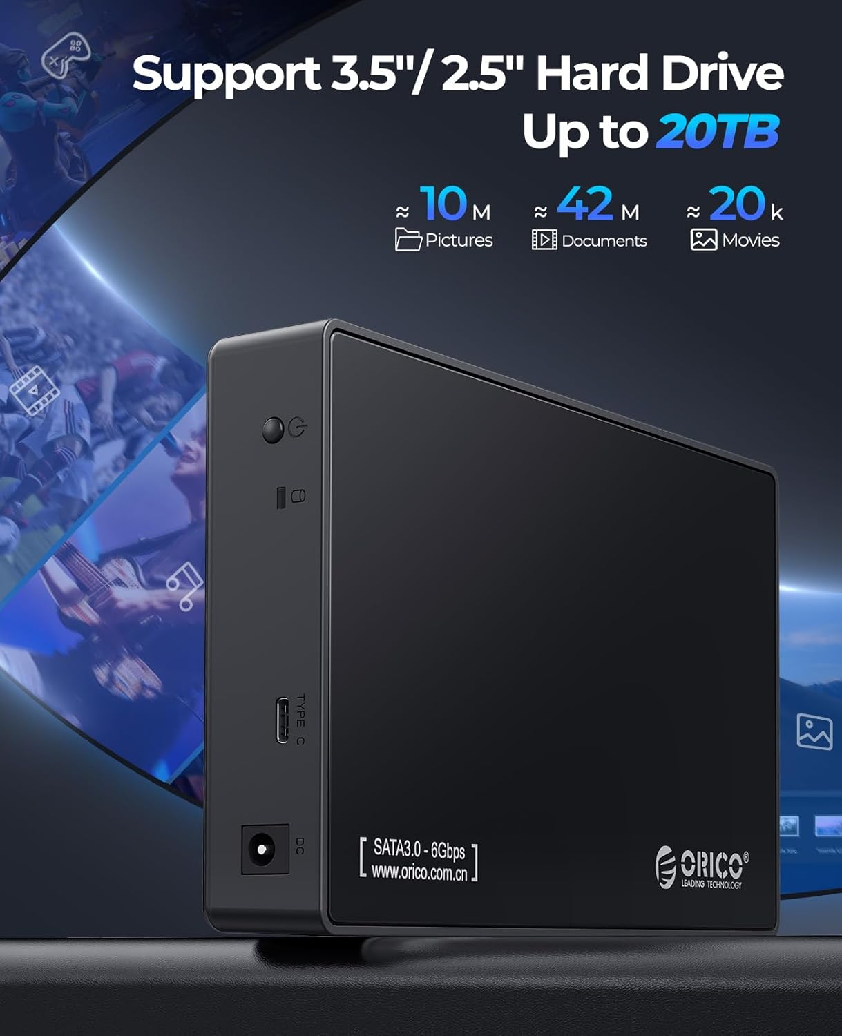 ORICO 3.5" External Hard Drive Enclosure SATA III to USB 3.1 Type C for HDD Tool-Free Installation Supports UASP and 20TB Drives - Black image number 4