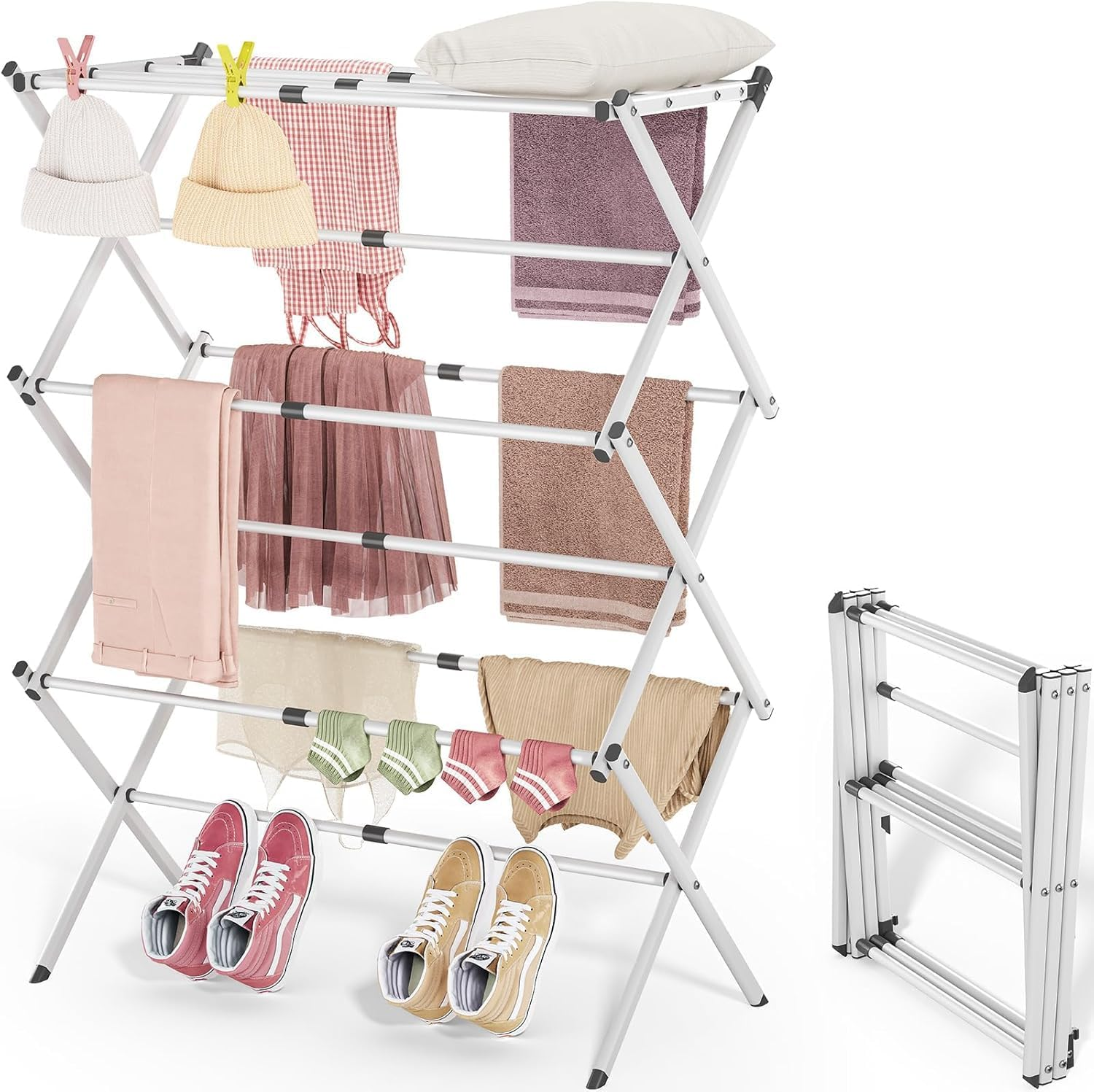 Misenfar 3-Tier Laundry Drying Rack, Expandable Metal Clothes Dryer, Collapsible Towel Rack, Air Drying Rack, Indoor/Outdoor Use (White)