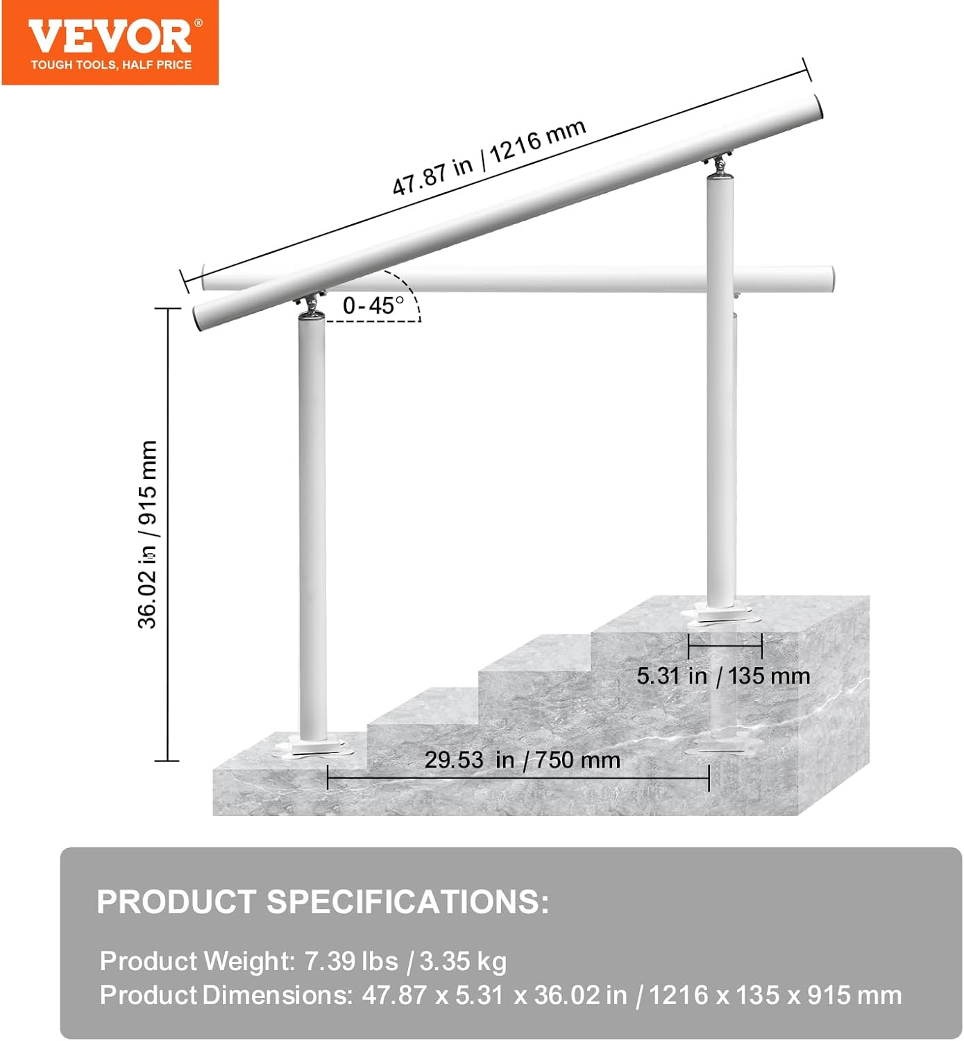 Vevor Outdoor Stair Railing Kit, 4 FT Handrails 45295 Steps, Adjustable Angle White Aluminum Stair Hand Rail for the Elderly, Handrails for Outdoor Steps - Amazon.Com image number 6