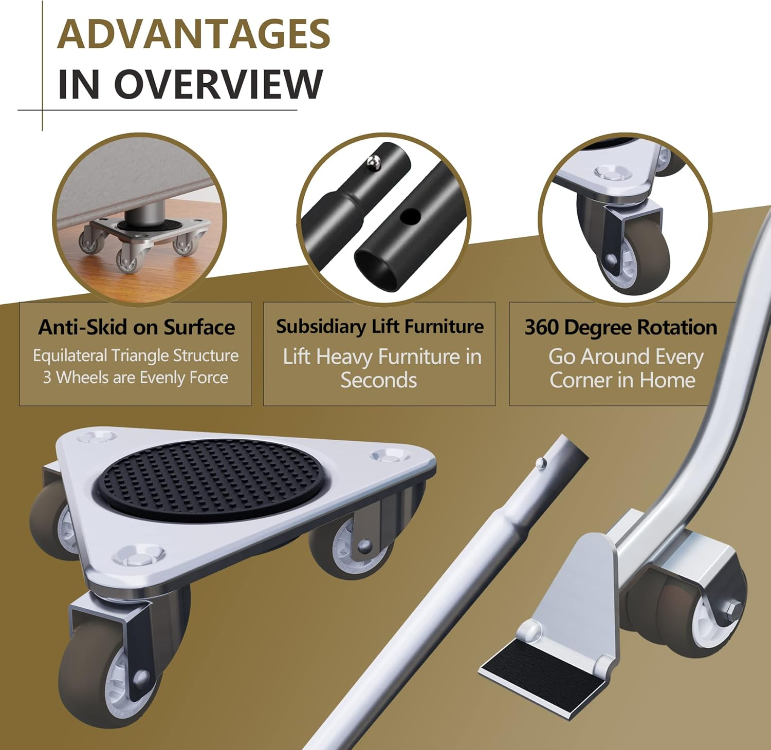 Furniture Mover by ONEON - 6 7/8" Steel Tri-Dolly, 3 Wheels Furniture Dolly for Moving, 720 LB Max Load Capacity (4 Pack Dolly + 1 Pack Lifter)