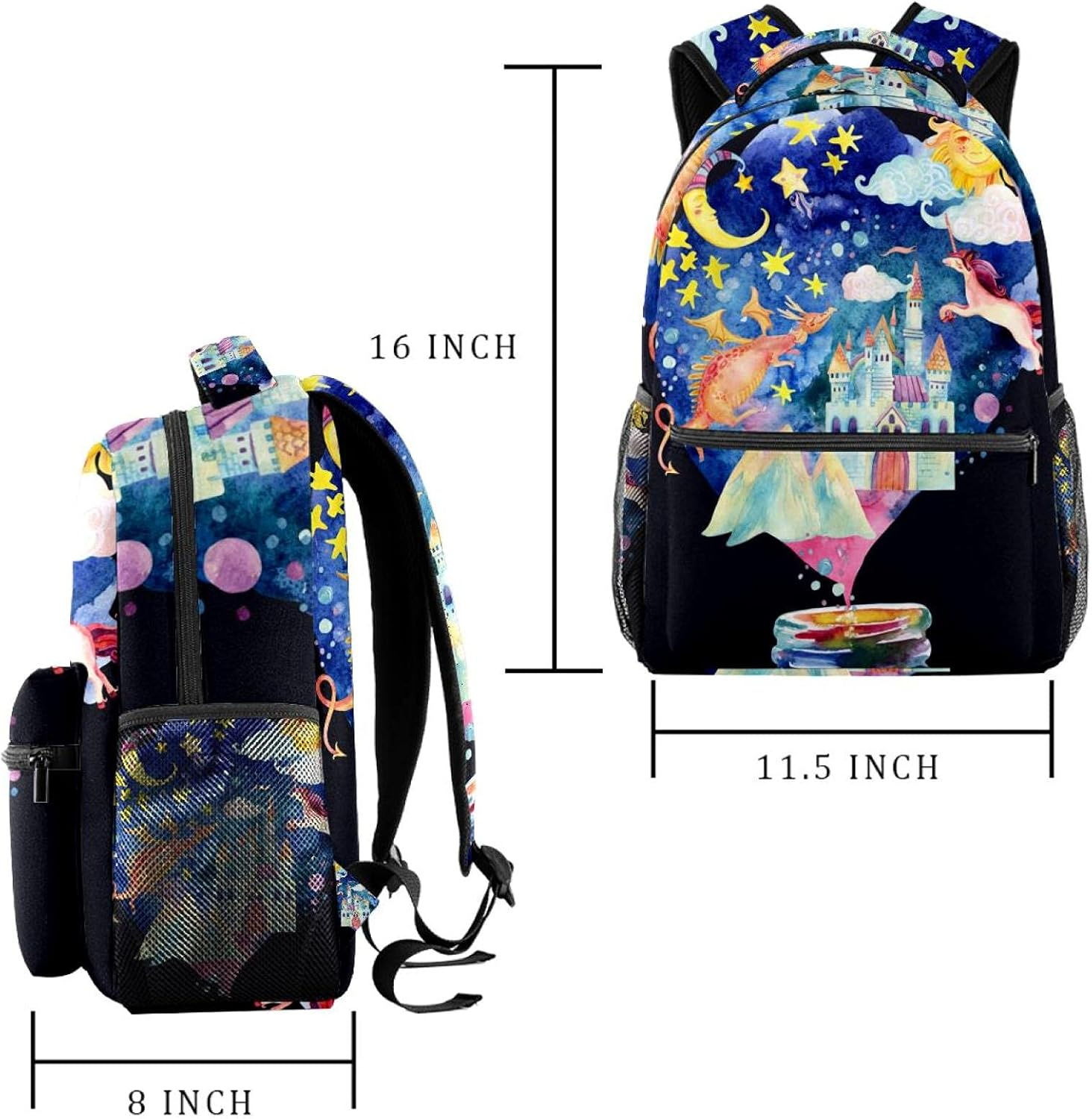 Starry Sky Moon and Sun Magic Castle Flying Dragon and Unicorn Backpack Students Shoulder Bags Travel Bag College School Tote Backpacks image number 5