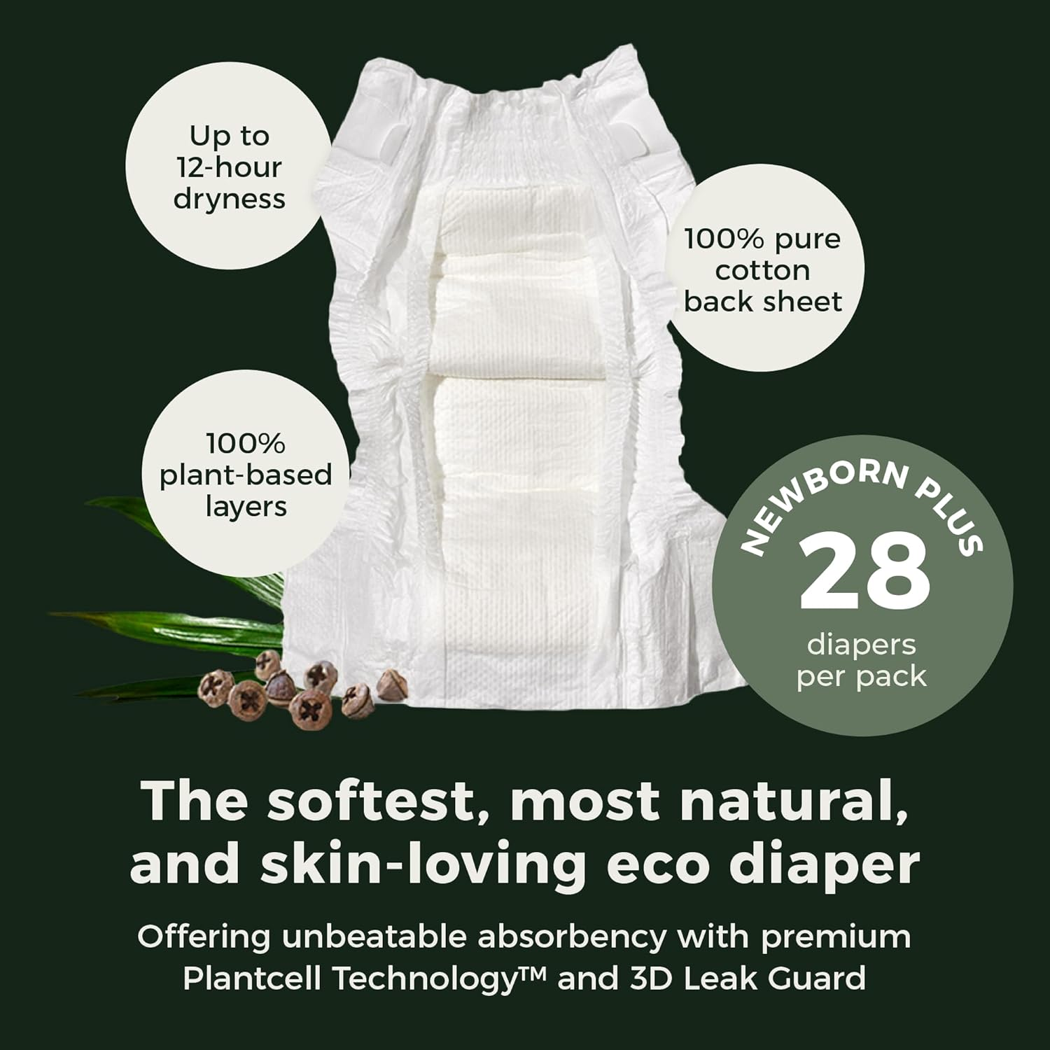 Ecoriginals - 28 Eco Newborn plus Nappies - Baby Nappies Size 1 with 100% Plant-Based Layers, Disposable & Hypoallergenic Baby Essentials for Newborn - Secure Fit Baby Nappies (3.5-6Kg), 1 Pack image number 1