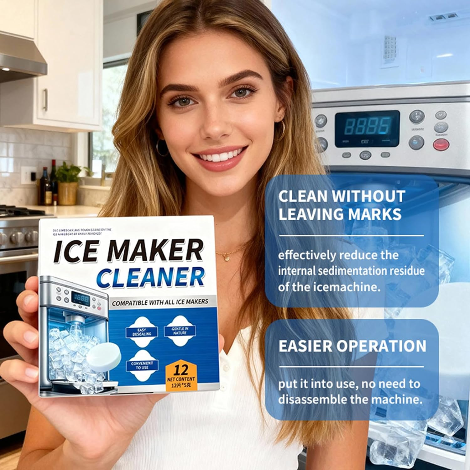 12 Pieces Ice Maker Cleaner Tablets, Ice Machine Cleaner, Coffee Machine Descaler, Tablets Descaling for Cleaning Appliance Home Cooler Remove Odor,For Dining Room Kitchen Household Commercial image number 2