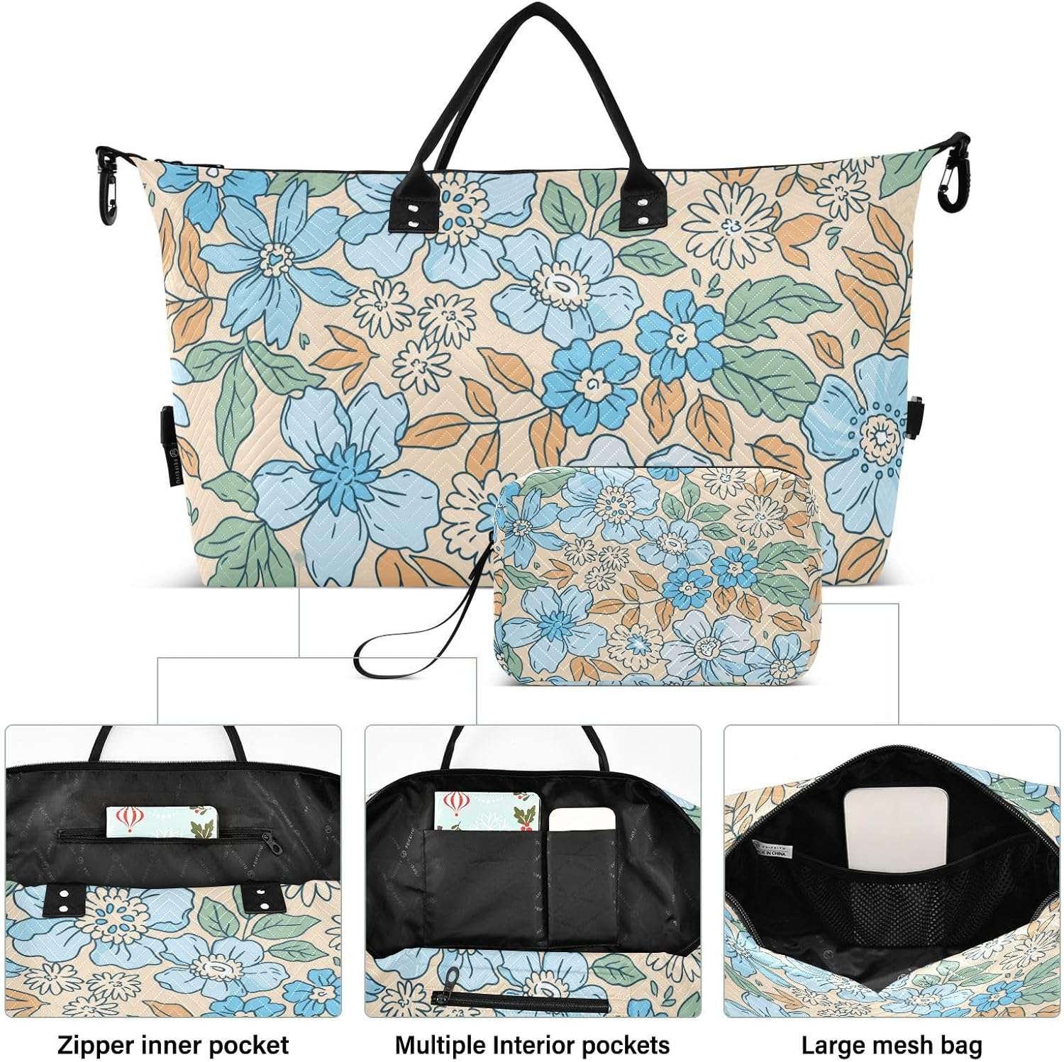 Duffel Bag Travel Weekender Gear Bag Elegant Floral Modern Blue Yellow Sport Training Bag with Toiletry Bag For, Elegant Floral Pattern Modern, Set of 2, Art Deco image number 6