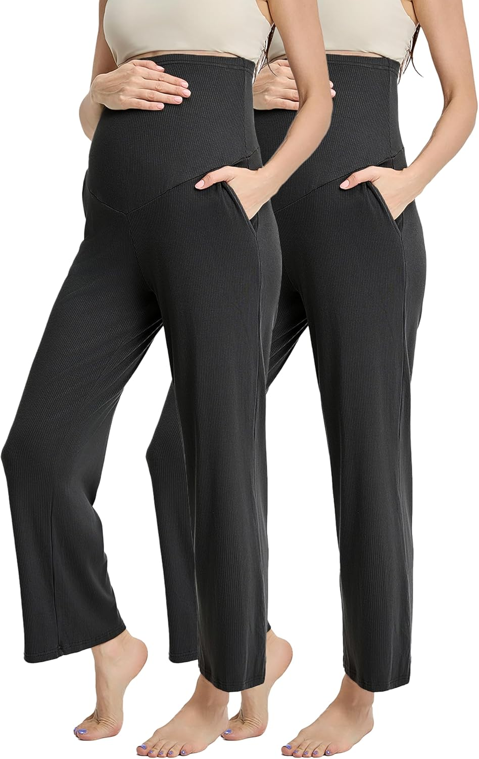 Liu & Qu Womens Maternity High Waisted Lounge Pants Casual Stretchy Ribbed Palazzo Pants Pregnancy Trousers with Pockets