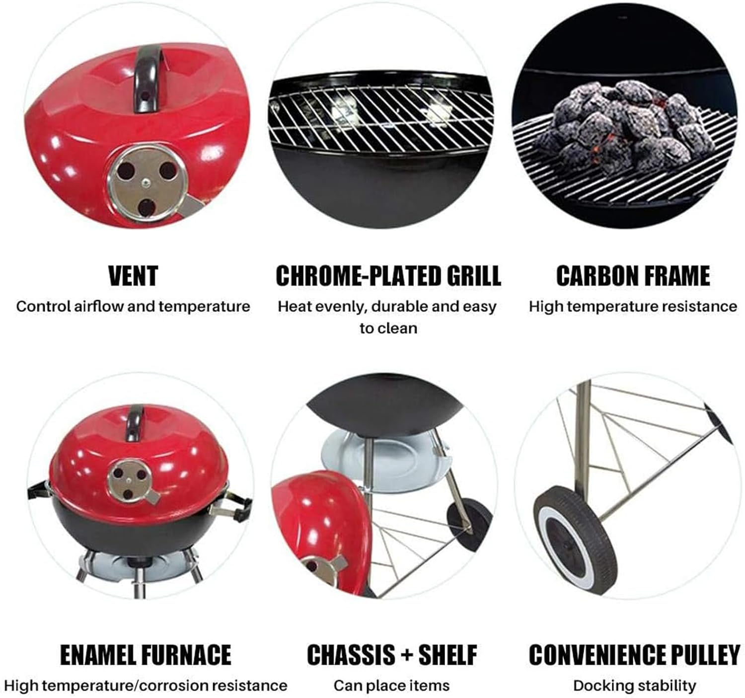 Charcoal Grill with Wheels and Storage Holder, Stainless Steel Portable BBQ Grill for Camping, Picnic, Barbecue, Party, Outdoor Activities,Red (BBQ Grill)