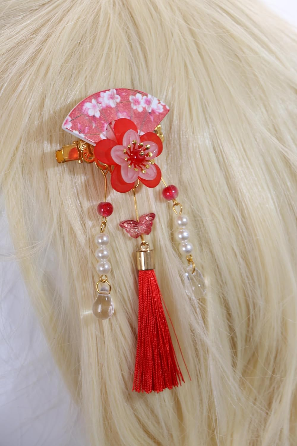 C-118-2 Red Fan Shape Sakura Cherry Blossom Tassels Hair Clip Hair Clip Hair Clip Japanese Geisha Kimono China Hanfu Accessory image number 2