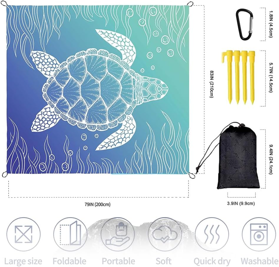 Beach Blanket, Waterproof Sandproof Sea Turtle Beach Mat Oversized 79 X 83 Inch for 4-6 Adults, Lightweight Picnic Blanket, Portable Picnic Mat for Outdoor Travel Camping Hiking with 4 Stakes (Blue) image number 2