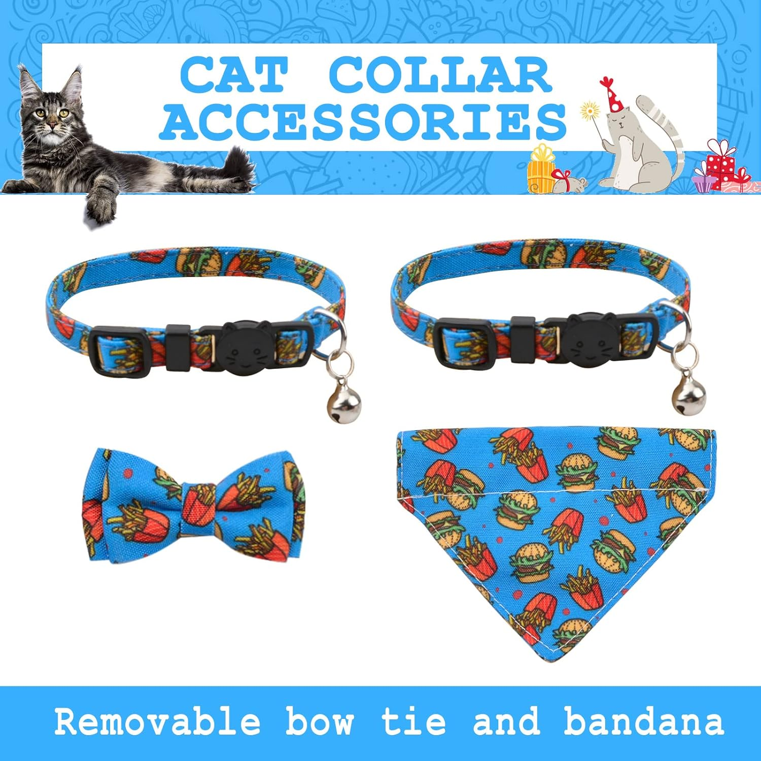 HACRAHO Bow Tie Cat Collar Bandana, Pack of 2 Adjustable Breakaway Cat Collar with Bow Tie and Bell, Removable Bow Tie Bandana for Kittens and Puppies, Hamburger Fries - Pizza image number 3