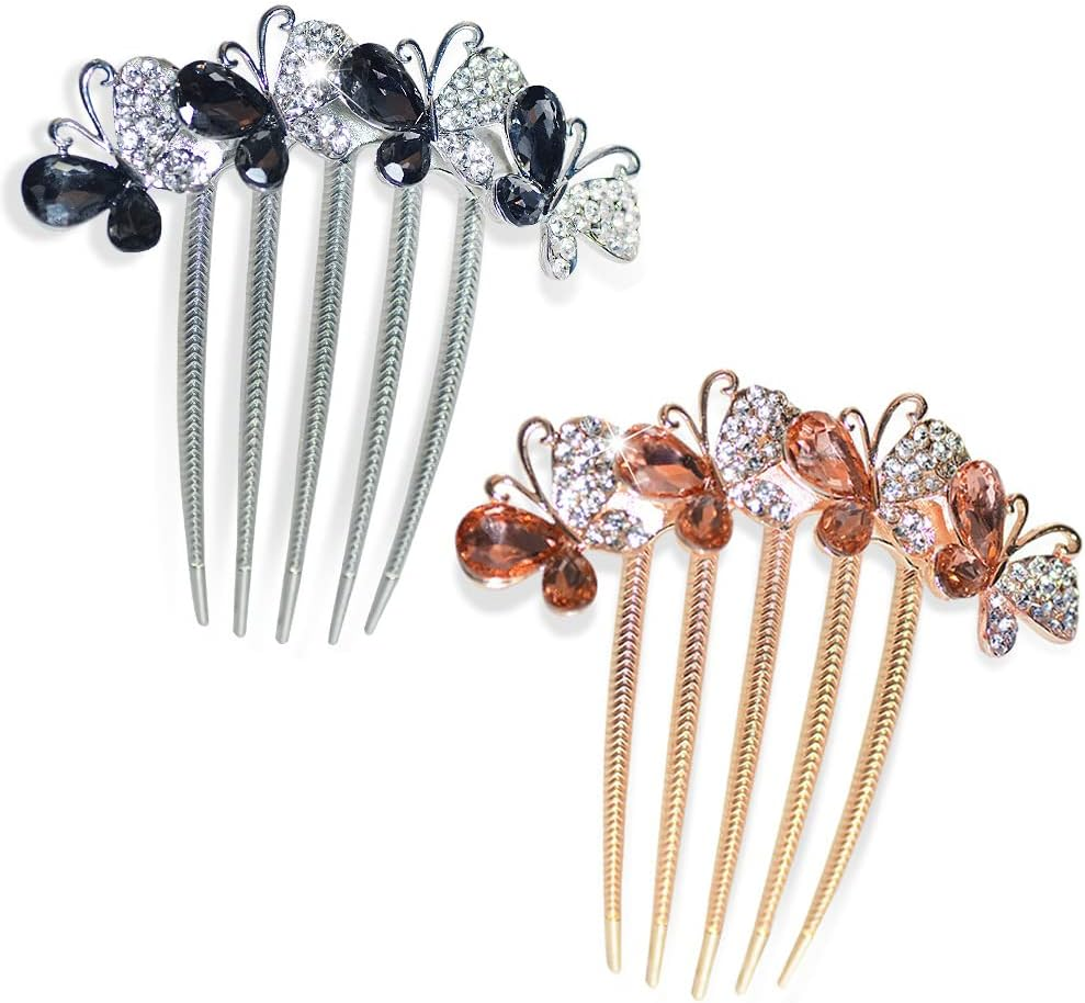 2 Pcs 5 Teeth Hair Side Combs Crystal Rhinestone Butterfly Twist Combs Decorative Hair Combs Rhinestone Hairpin Hair Accessories for Women image number 2