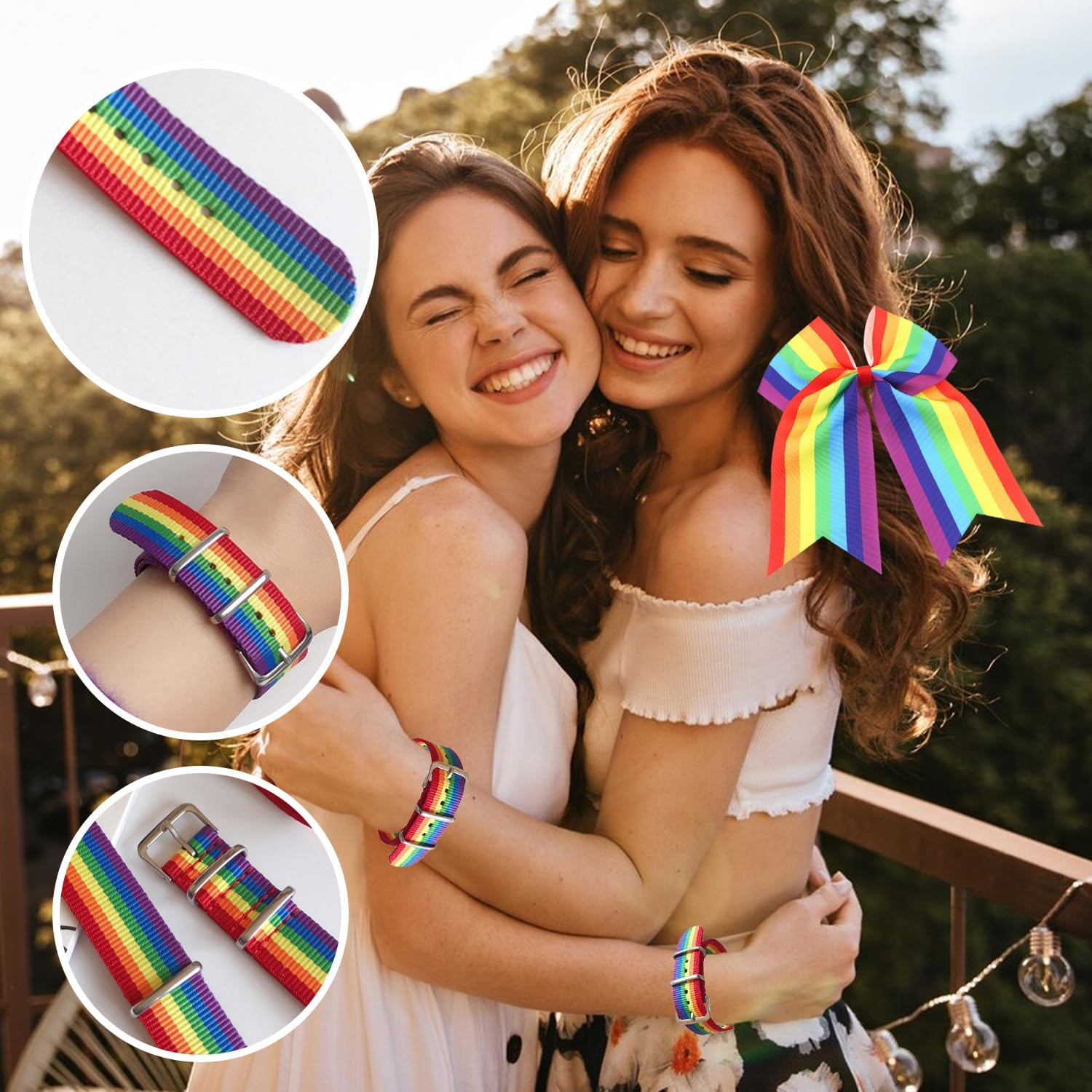 Pack of 2 Rainbow Bow Hair Accessories and 2 Rainbow Bracelets, Elastic Hair Band for Rainbow Pride, Rainbow Accessories, Suitable for Parties, Parades, Carnival and Everyday Wear. image number 4