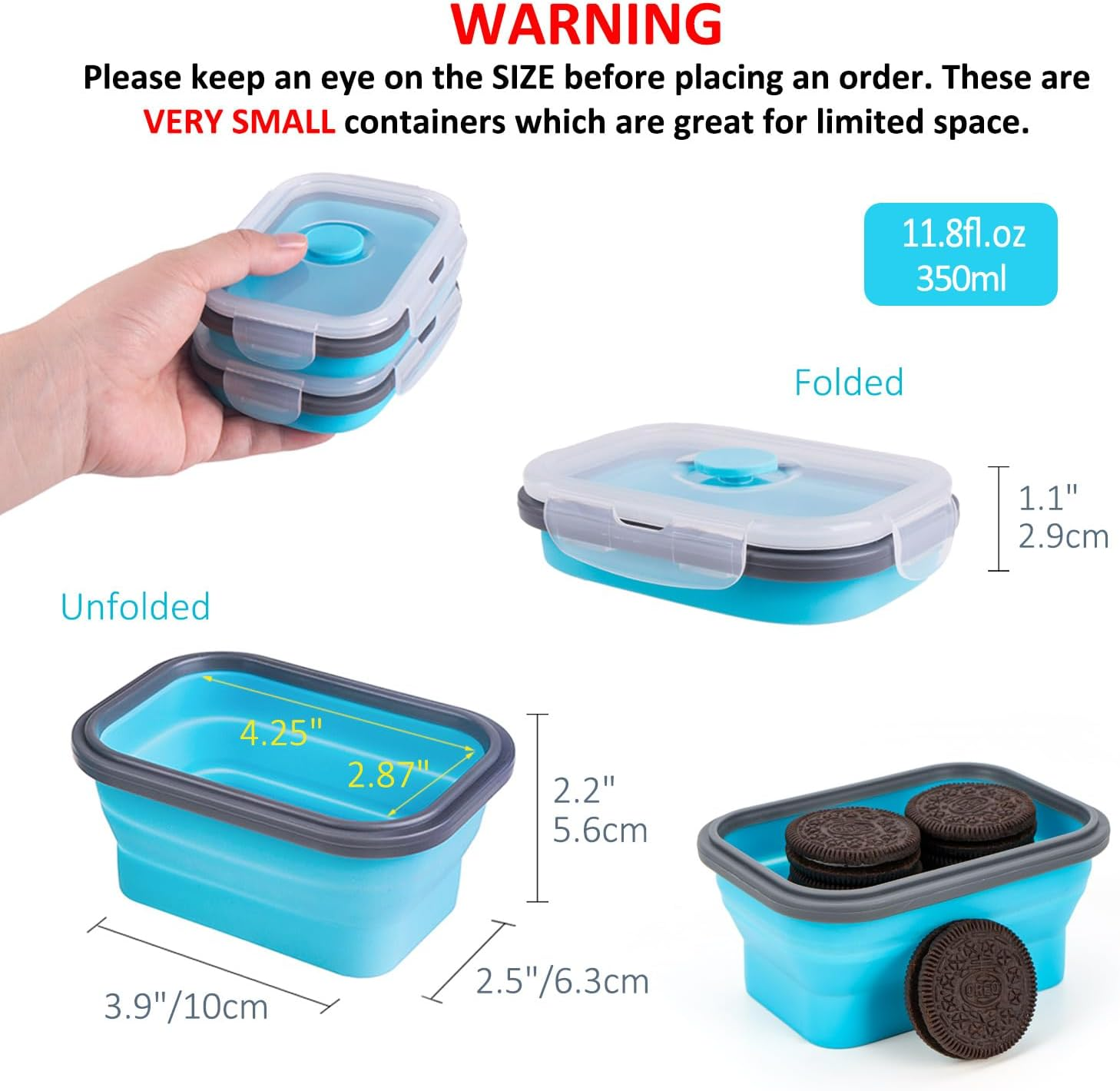 Collapsible Food Storage Containers with Airtight Lid and Vent Valve, Stacking Silicone Collapsible Storage Containers for Food, Microwave & Freezer & Dishwasher Safe, Blue, Small, Set of 4 image number 6