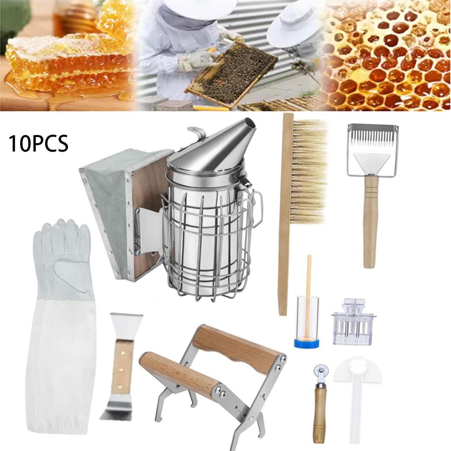 Roczential Bee Keeping Starter Kit,Beekeeping Supplies,Includes Smoker,Beehive Clip,Gloves,Bee Brush,Dcraper,Fork,Beehive Cage,Marking Tube,Feeder,For Beginners and Professional Beekeeper