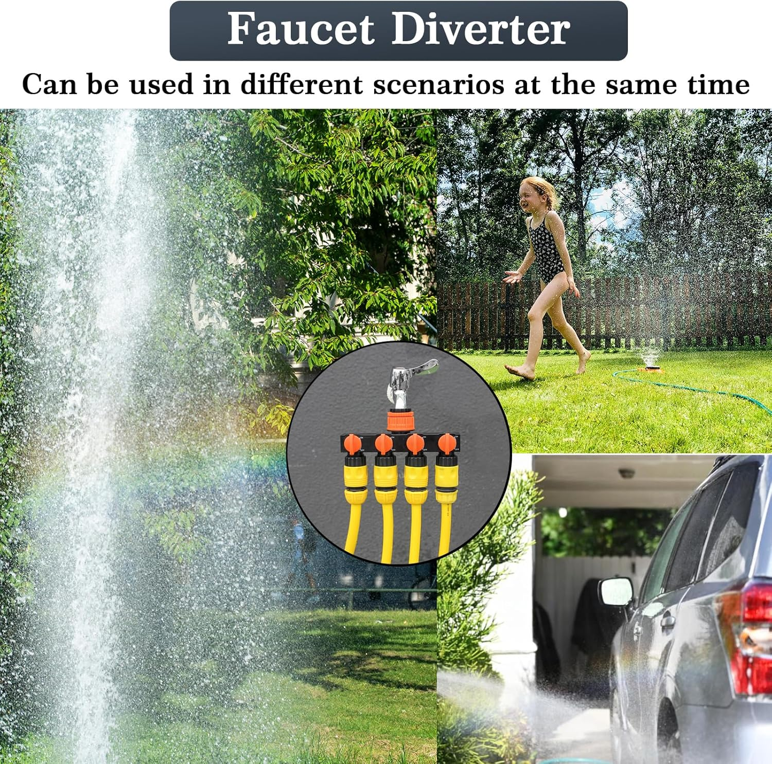 Faucet Splitter Garden Hose Connector 4-Way Garden Hose Splitter with Independent Valves, 3-Size Faucet Compatibility (GHT1/2, GHT3/4, GHT1) (Blue) image number 4