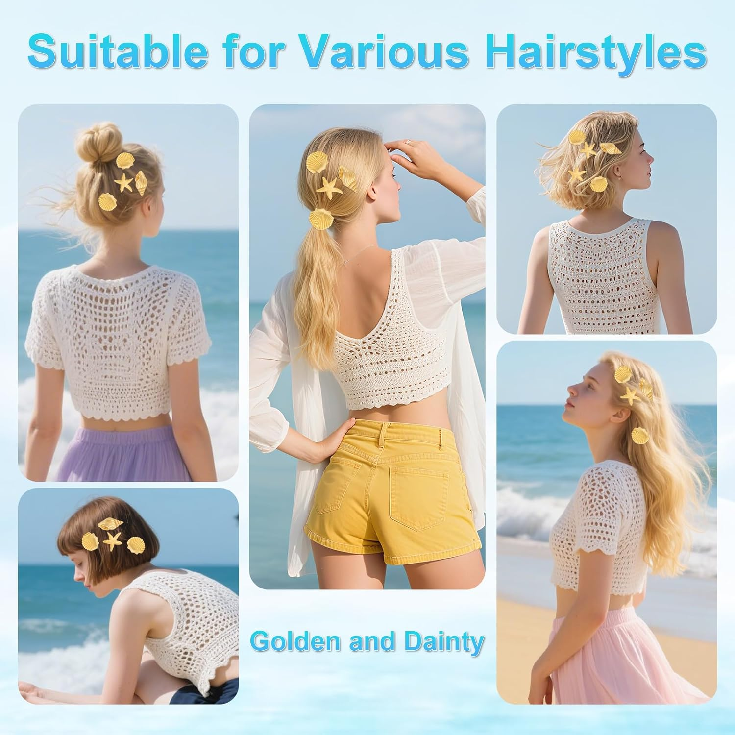 9Pcs Small Starfish Hair Clip Cute Metal Hair Clips Gold Hair Pins for Women Girls Cute Hair Accessories Metal Hair Barrettes Mini Alligator Clips Fashion Shells Beach Vacation Stuff Aesthetic Gift image number 5