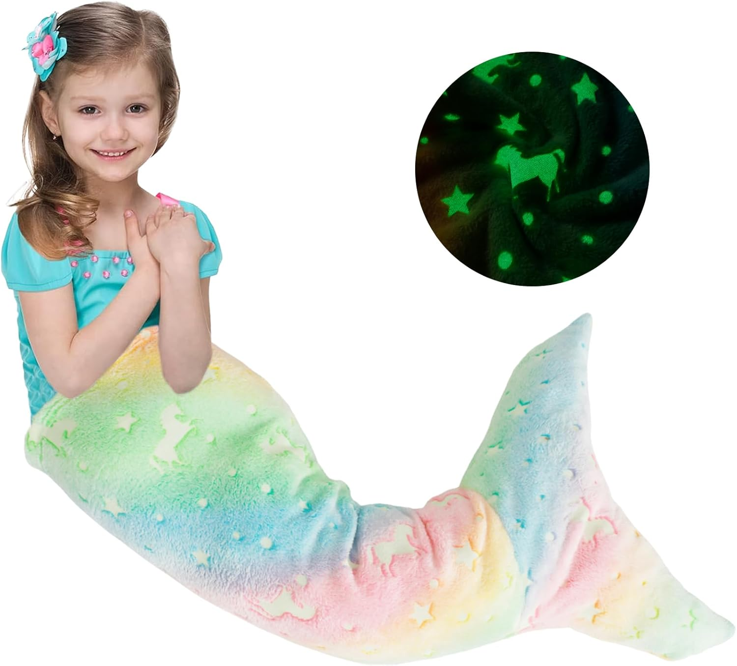 Kids Mermaid Tail Blanket, Soft Luminous Mermaid Blanket Flannel Girls Mermaid Toys Colorful Snuggle Blanket Soft Sofa Blanket Mermaid Sleeping Bag with Double Stitching (Style 1) image number 2