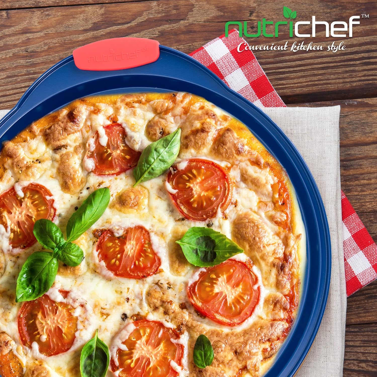 Nutrichef 13-Inch Nonstick Pizza Tray - round Carbon Steel Non-Stick Pizza Baking Pan with Perforated Holes, Premium Bakeware Pizza Screen with Silicone Grip Handles, Dishwasher Safe - Blue image number 3