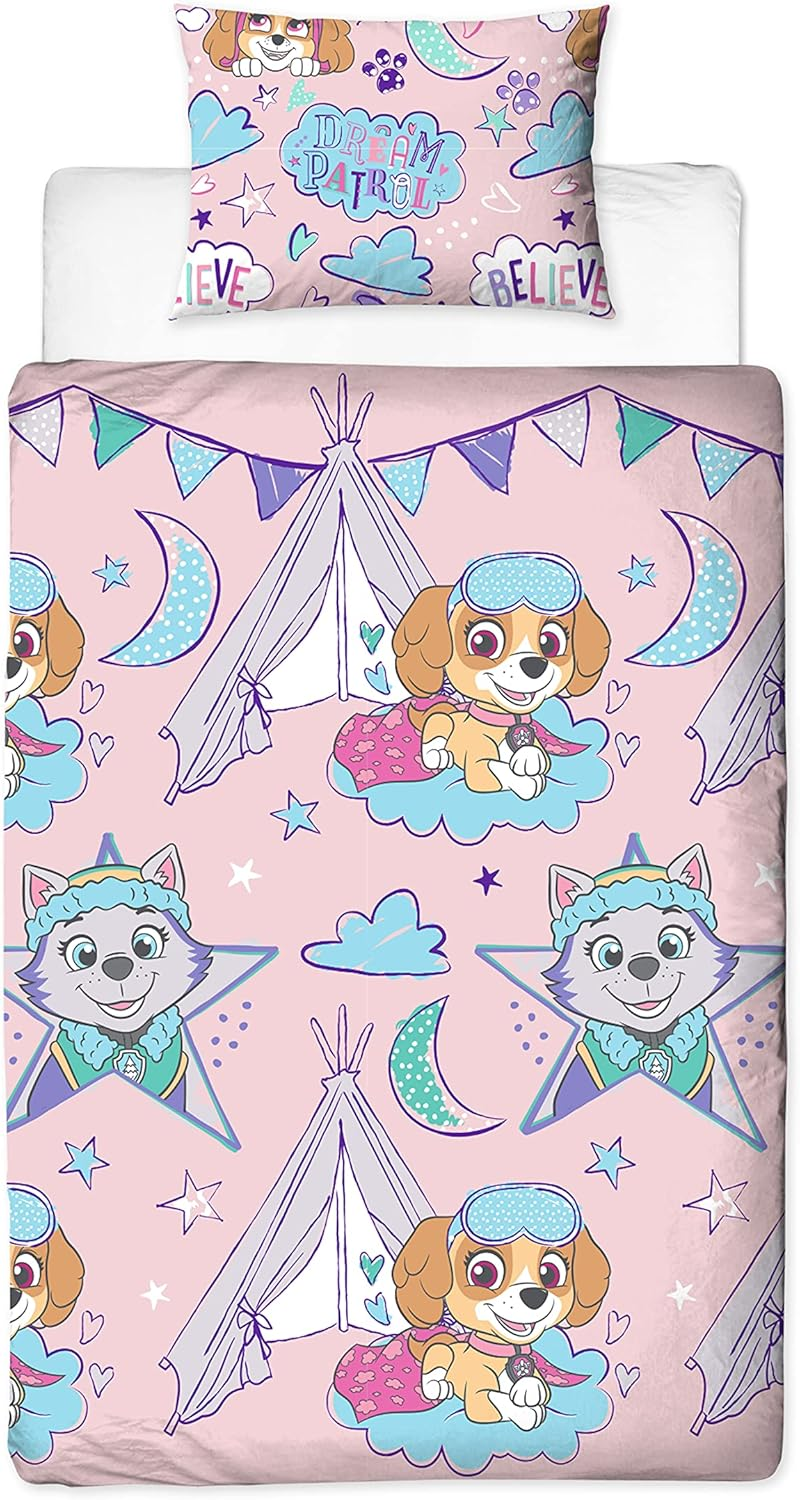 Paw Patrol Single Duvet Cover, Sleepover Design | Pink Reversible 2 Sided Bedding Duvet Cover Official Merchandise, Pillow Case Included
