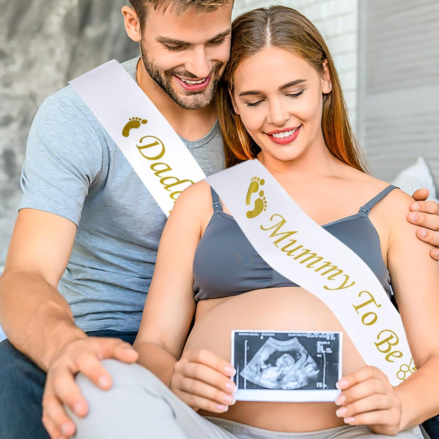 2Pcs Mummy to Be Sash Daddy to Be Sash Gold and White Mummy and Daddy to Be Sash Silky Baby Shower Sash Party Decoration for Mum Dad Family(79 X 9.5Cm) image number 1