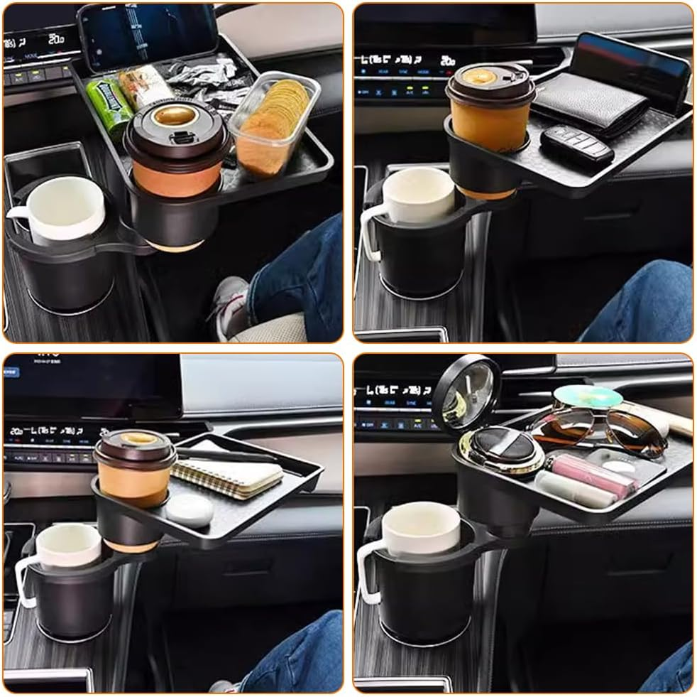 Car Cup Holder and Tray Set, Includes Two Cup Holder Trays, 2-In-1 Detachable Car Tray, 360&deg; Rotating Tray, with Phone Slot, Expandable Cup Holders, Travel Accessory image number 1