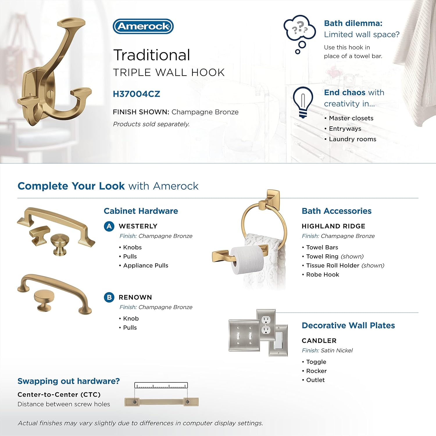 Vicinity Traditional Triple Prong Champagne Bronze Decorative Wall Hook