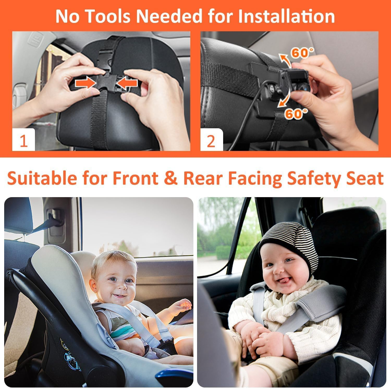 7&rdquo; Baby Car Camera HD 1440P Recording, 5&rdquo; Screen Baby Car Monitor with Full-Color Night Vision Camera, Infant Safety Baby Car Mirror Rear Facing for Backseat, Wide Clear View, Easy Installation