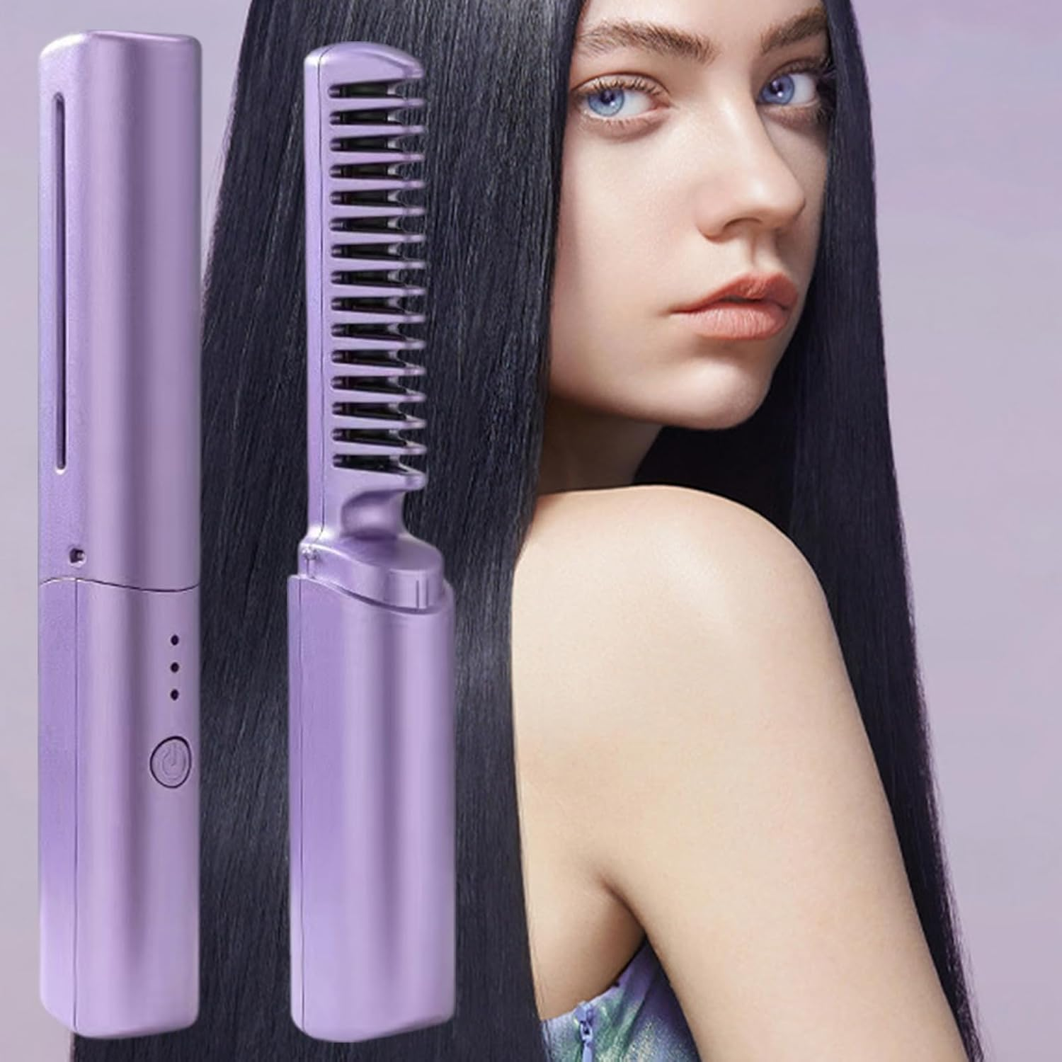 Portable Hair Straightener - Rechargeable Straightening Comb, Cordless Styling Brush | Compact Heated Flat Comb with Curling Function, Lightweight USB Charging Hair Tool with Portable Design for Women - Purple image number 3