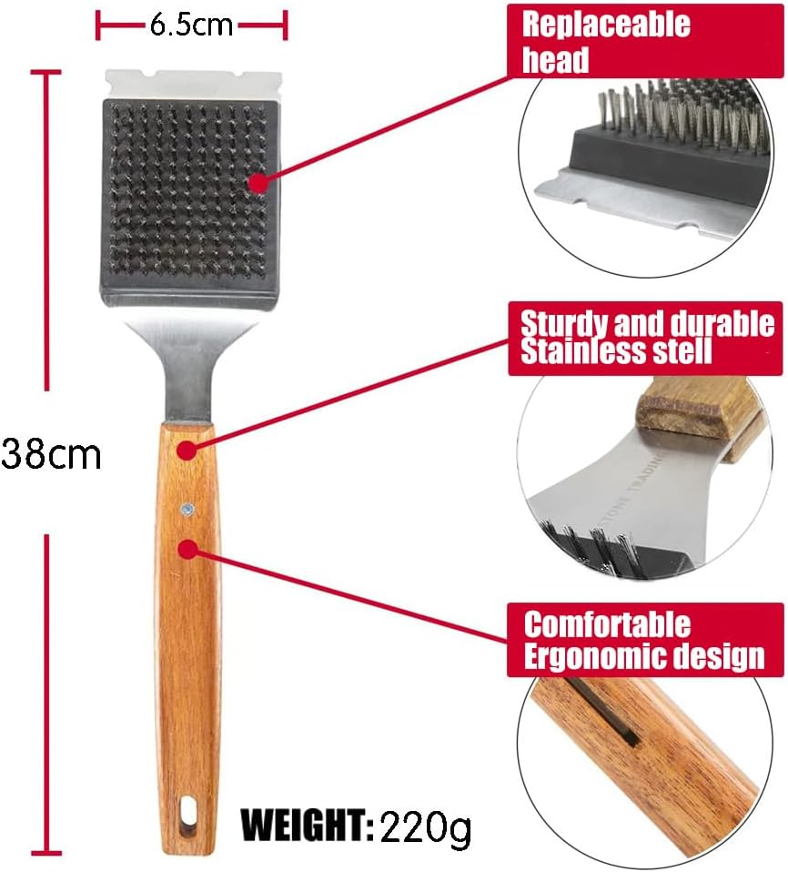 Grill Brush and Scraper - Outdoor Grill Cleaning Tool with Long Wooden Handle and Replaceable Stainless Steel Bristles - Safely Clean Any Grill Surface image number 2