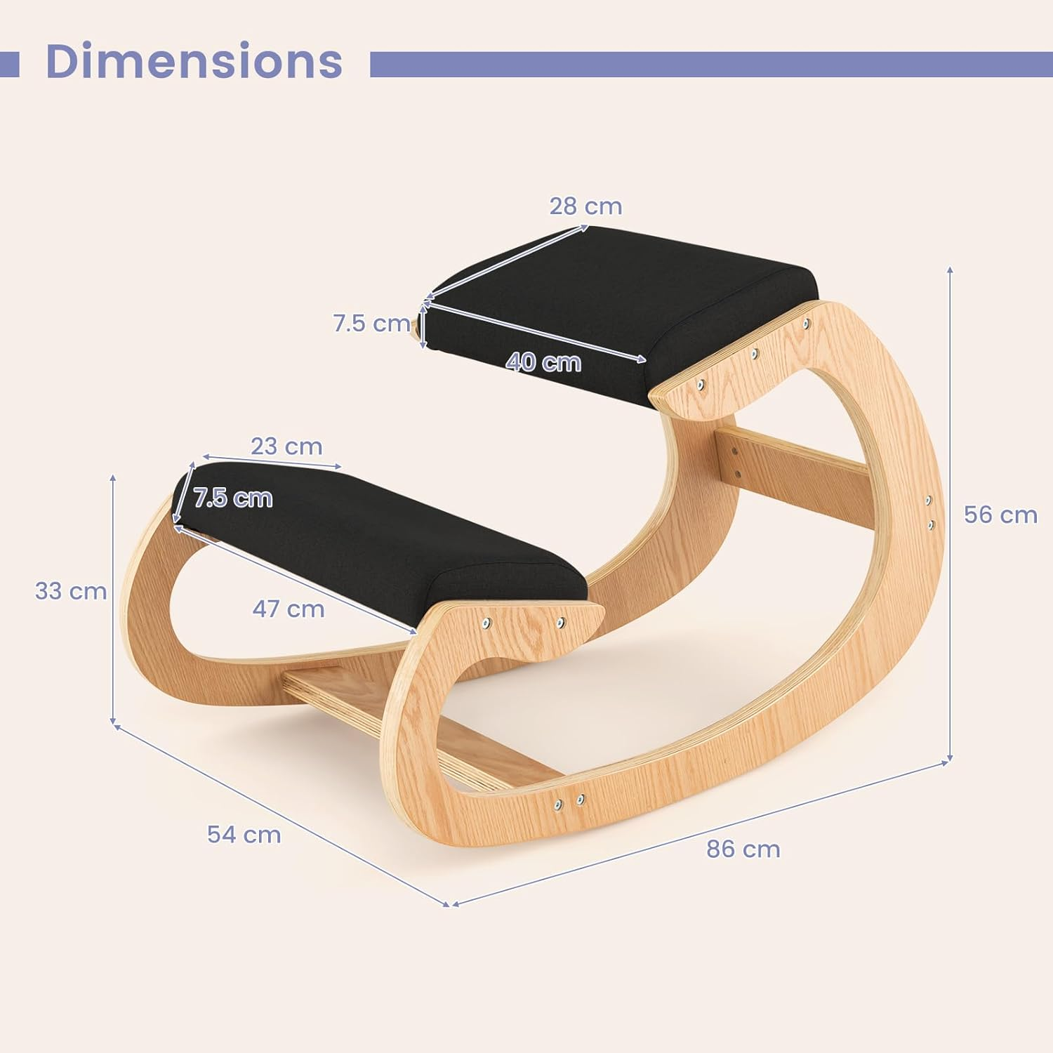 Costway Ergonomic Kneeling Chair, Wooden Rocking Chair with Comfortable Padded Seat Cushion & Knee Support, Upright Posture Support Chair for Back Pain Relief (Type A, Black) - Black image number 4