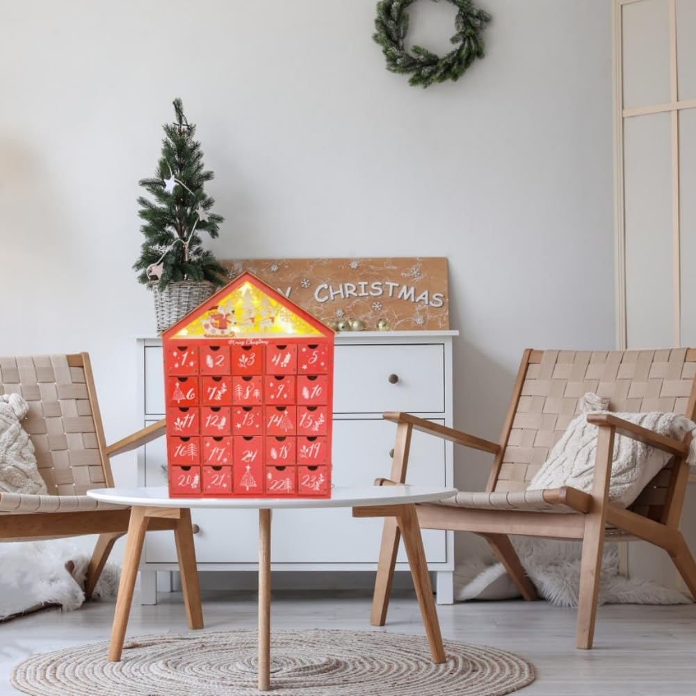 LED Christmas Advent Calendar with 24 Storage Drawers Wooden Advent Calendar Decorated with Christmas Tree House Reusable Xmas Countdown Calendar DIY for Adults Kids Gifts Holiday Decoration (Red) - Red image number 6