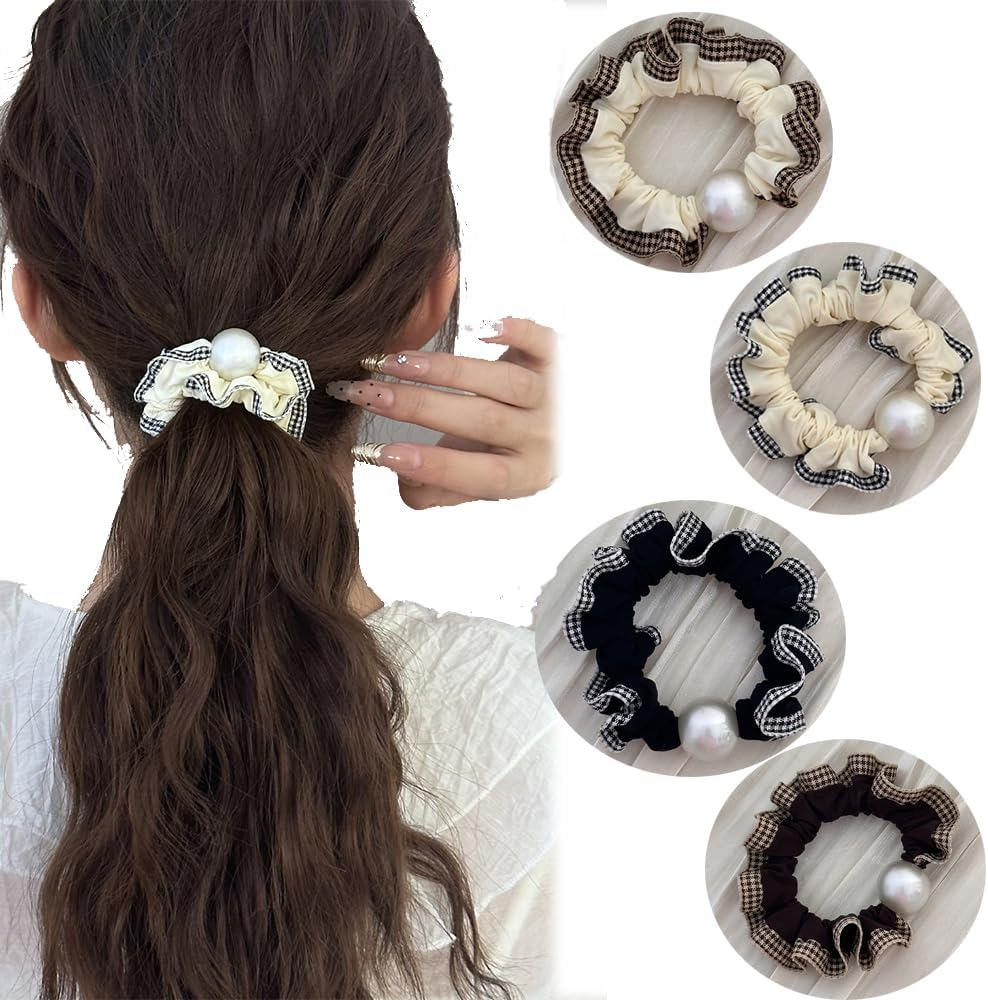Hair Scrunchie, Plaid Lace Hair Bobbles Ponytail Holder, Elastic Hair Bobbles for Women and Girls (Pack of 4) image number 5