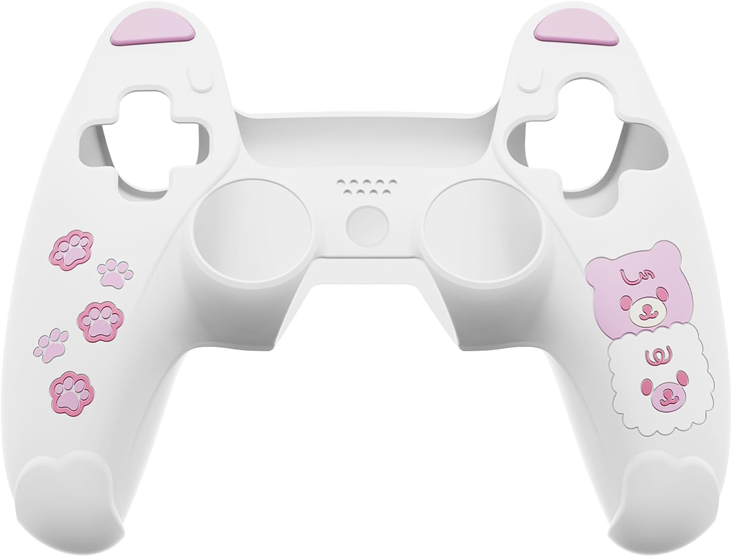 Playvital Cute Bear Controller Silicone Case for Ps5, Kawaii Controller Cover Compatible with Charging Station, Gamepad Skin Protector for Ps5 with Touch Pad Sticker & Thumb Grips - White & Pink - Pink  Yellow image number 4
