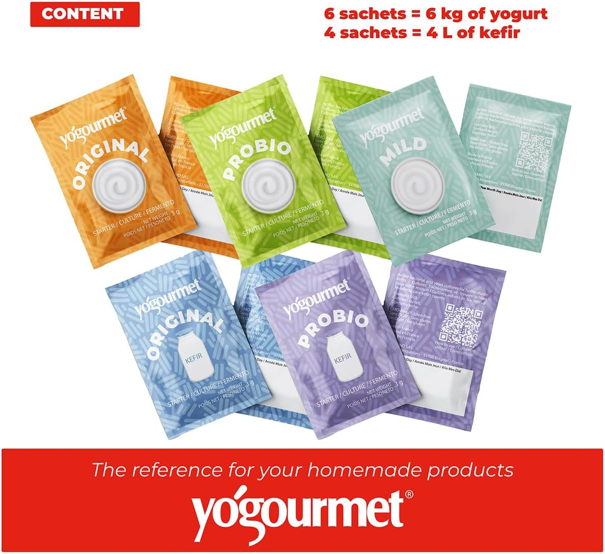 Yogourmet Variety Pack (10 Sachets) Yogurt Starter & Kefir Starter Cultures -Make Yogurt at Home - All Natural, Gluten Free, Kosher, Halal - 3 G Sachets image number 1