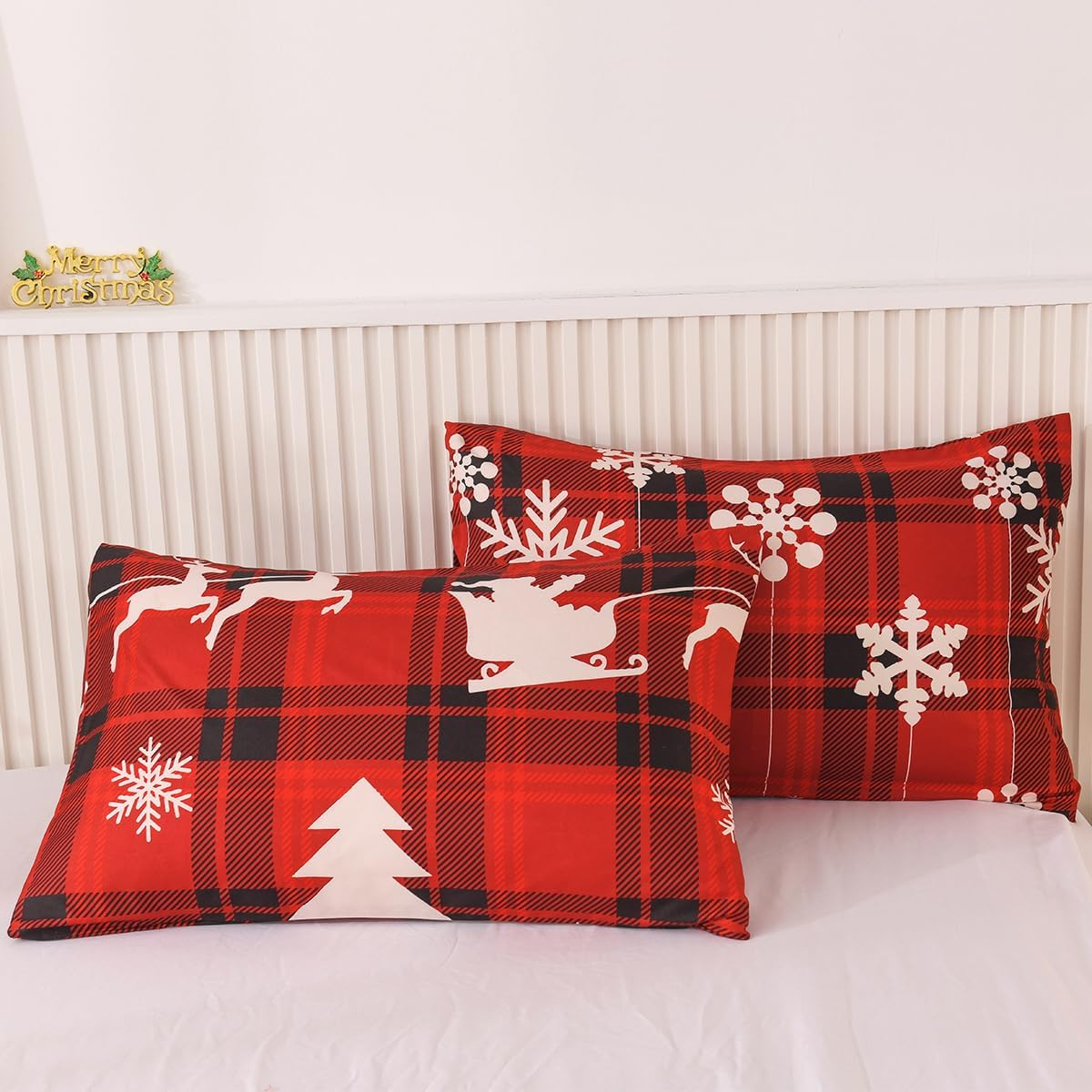 Mengersi Christmas Duvet Cover Set Queen Size,Christmas Tree Snowflake Duvet Cover Check Printed Christmas Plaid Duvet Cover Comforter Cover Set for New Year Holidy Xmas Gifts image number 4