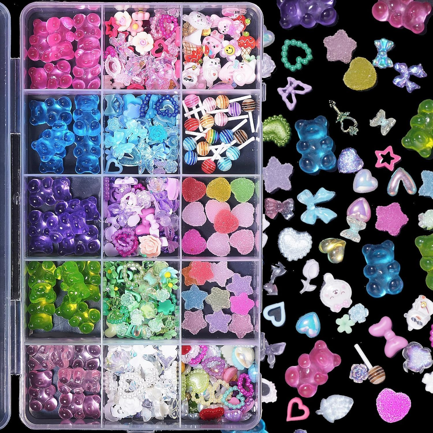 Anoleair 3D Nail Charms Assorted Mix Bear, Heart, Flower, Butterfly, Candy, Lollipop, Bowknots, Pearls - 15 Mixed Color Pieces for Nail Art DIY Accessories image number 4