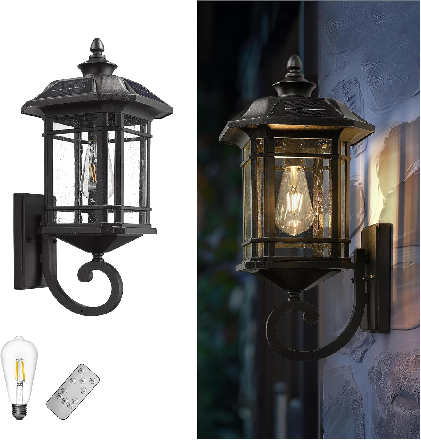 EMLIVIAR Solar LED Wall Light Outdoor,Dusk to Dawn Solar Porch Light with Remote Control, Black Finish with Seeded Glass, Bulb Included, 22021M-SL BK image number 3