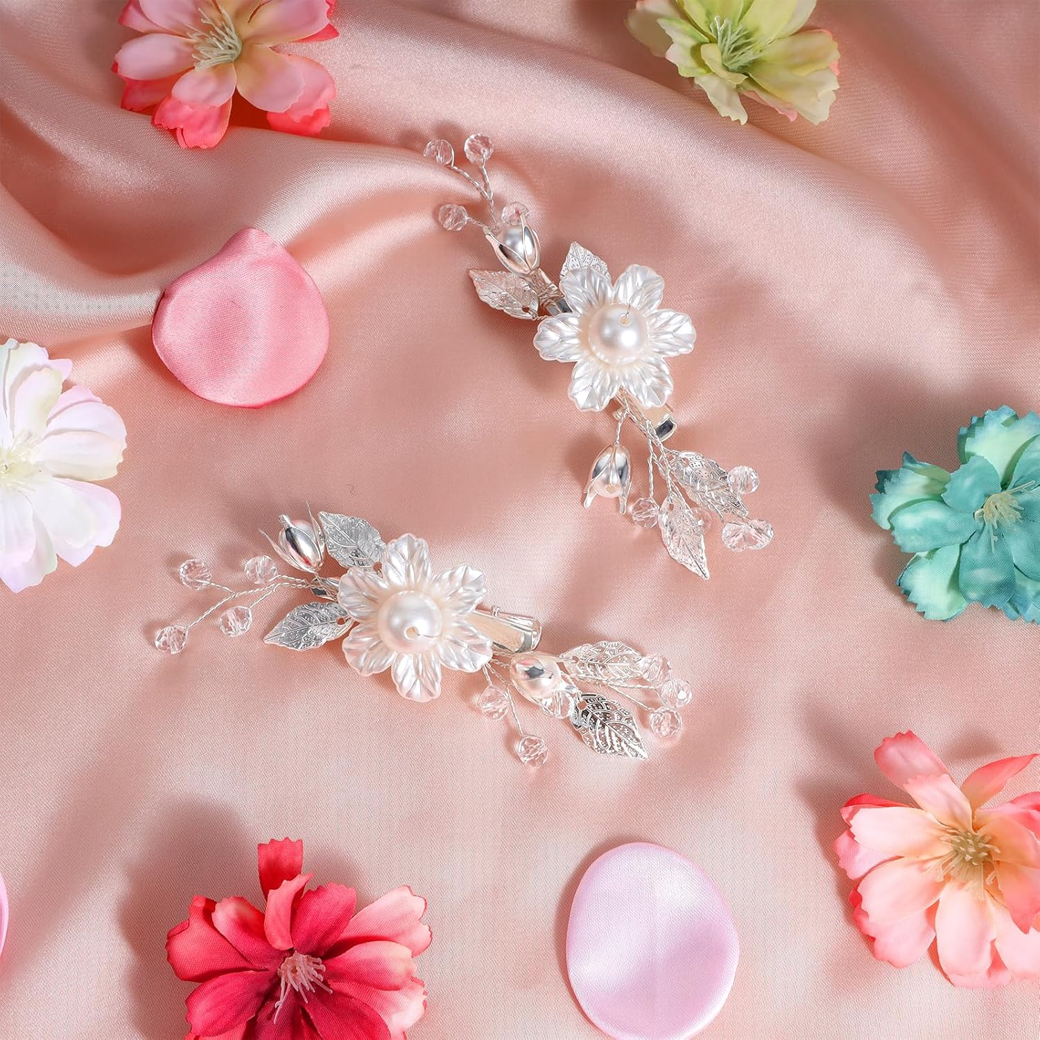 Pack of 2 Silver Flower Pearl Bridal Hair Accessories, Silver Hair Pins Wedding, Hair Accessories for Women and Girls