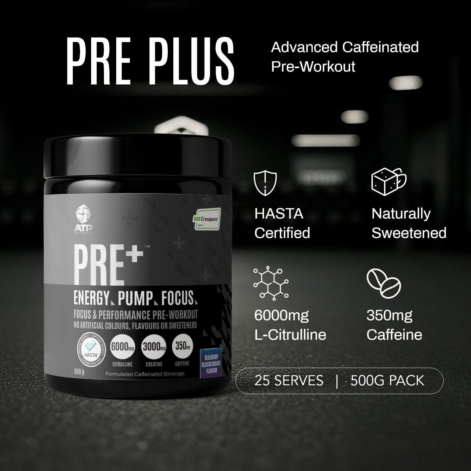 ATP Science Pre plus Preworkout Powder, Infused with Creapure Creatine Monohydrate, Caffeine Anhydrous, L-Citrulline Malate, No Artificial Colours and Flavours, Flavour - Blueberry Blackcurrant, 500G