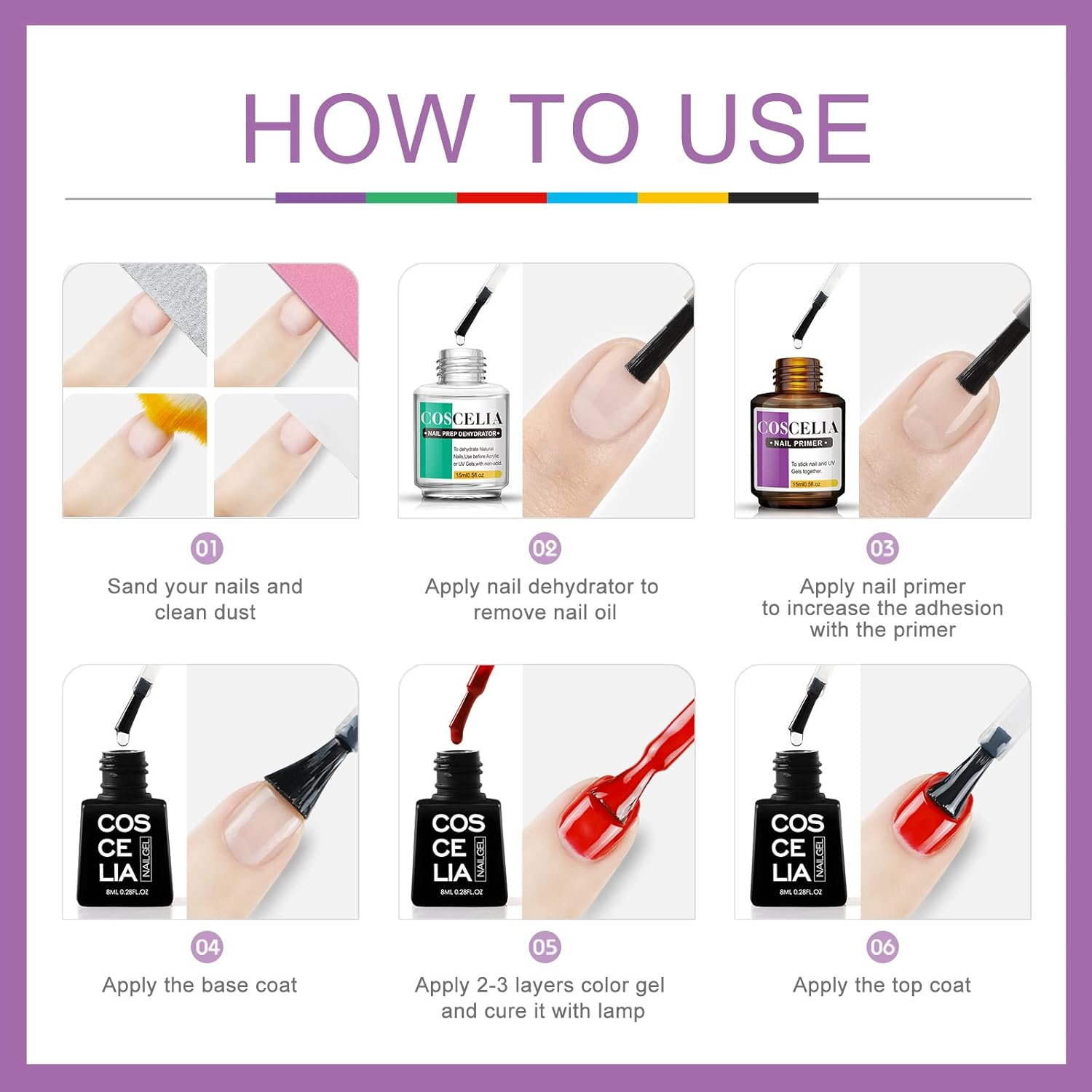 COSCELIA Nail Dehydrator and Primer Set for Gel Nails, 15Ml 4 Pcs Gels No Burn Non Acid Nail Primer and Dehydrator for Acrylic Nails, Poly Nail Gel,Nail Art Kit image number 4