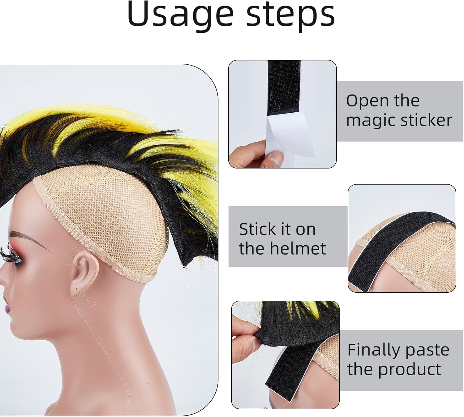 NICENEEDED Helmet Wigs Hair Helmet Mohawk Hairpiece Helmet Decoration for Motorcycle Bicycle Snowboard and Ski Helmets image number 1