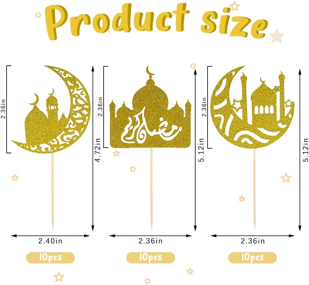 ALIBBON 30Pcs Eid Mubarak Cupcake Toppers, 3 Patterns Glitter Gold Moon Castle Cupcake Picks, Ramadan Mubarak Cake Topper, Ramadan Kareem Party Decorations Islamic Muslim Party Decors Supplies image number 4