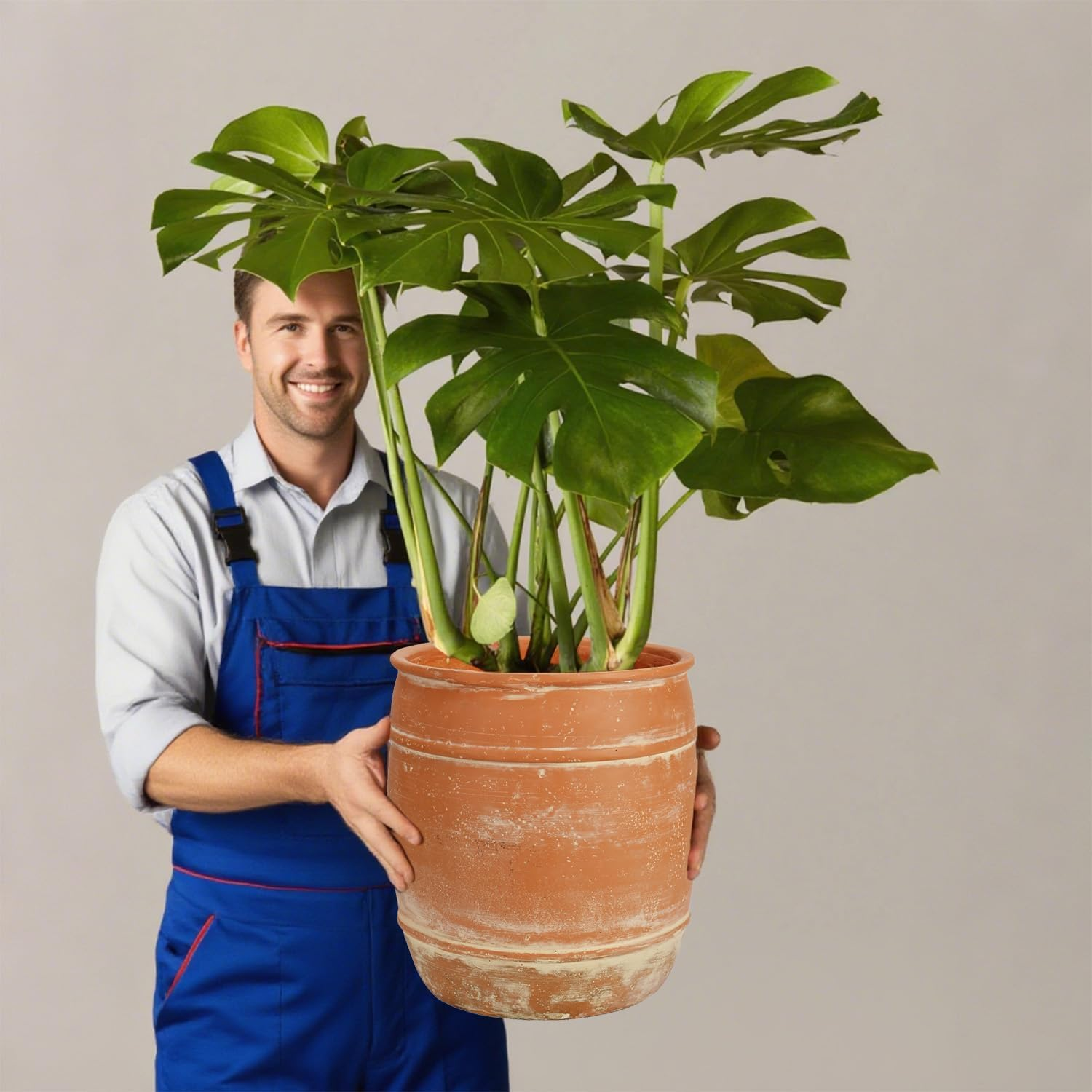 28 H X 24Cm Dia (21.5Cm Pot Opening) Terracotta round Fiberstone Tall Planter with Drainage Hole, Large Pots for Plants Indoor/Outdoor image number 1