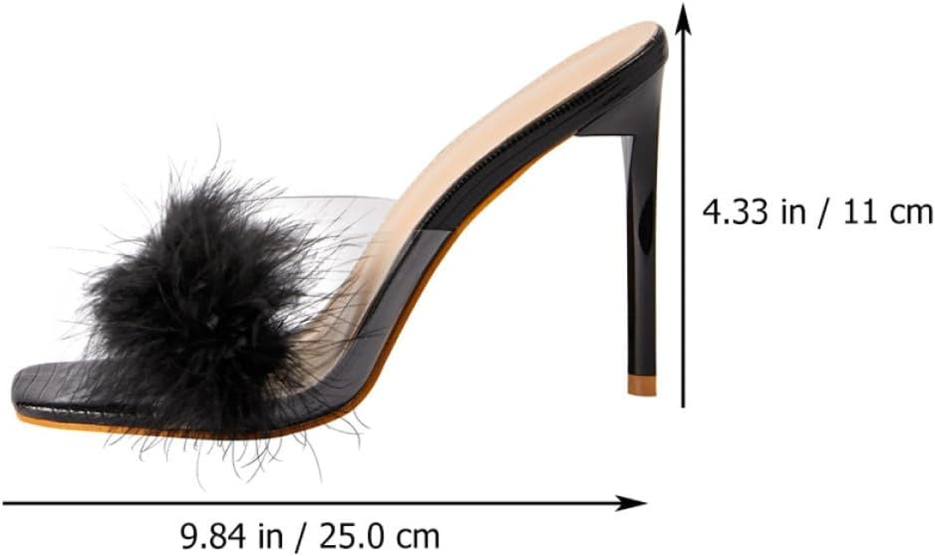 PLAFOPE Charming Square Toe Thin Heel Sandals for Women Summer Fluffy Decor Lightweight Fashionable Stylish High Heels Black image number 6