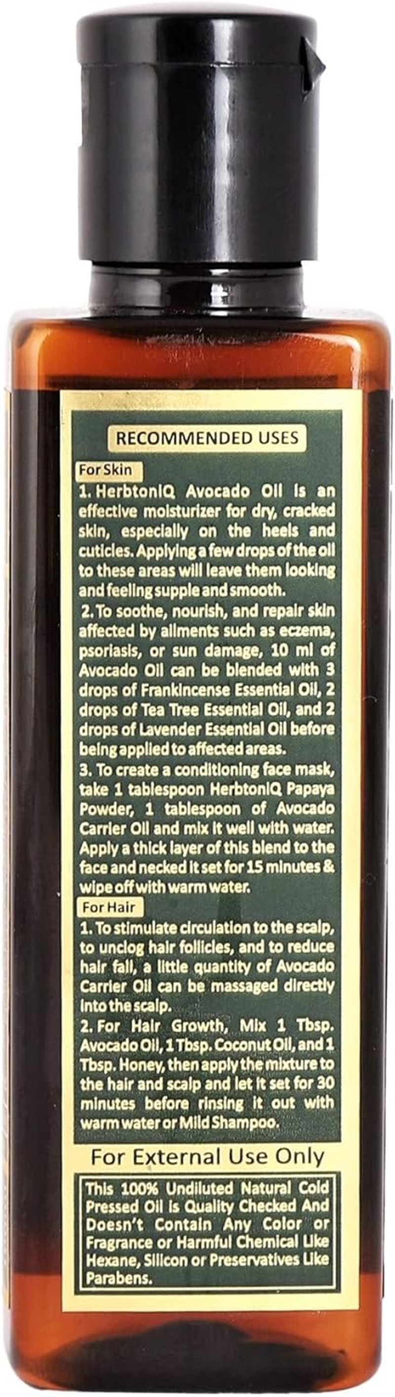 Herbtoniq Organic Avocado Cold Pressed Carrier Oil for Moisturizing, Healing, Dry Skin, Nails & Hair Care (100Ml, 3.38 Fl Oz)